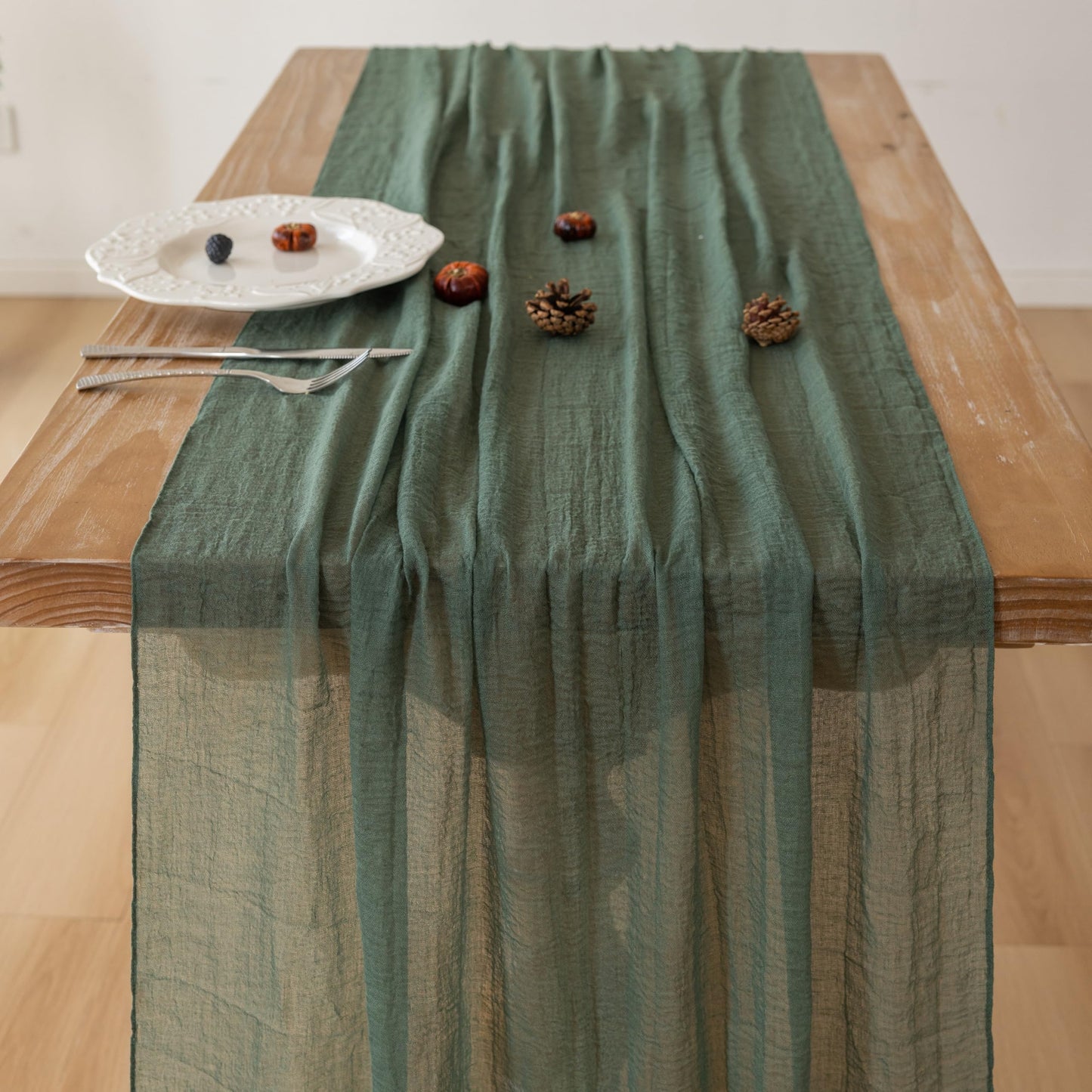 Keketoarrange 10pcs Forest Green Rustic Cheesecloth Table Runner 120 Inch 10 FT for Wedding Baby Shower Bridal Shower Birthday Engagement Garden Outdoor Party Long Sheer Boho Decorations