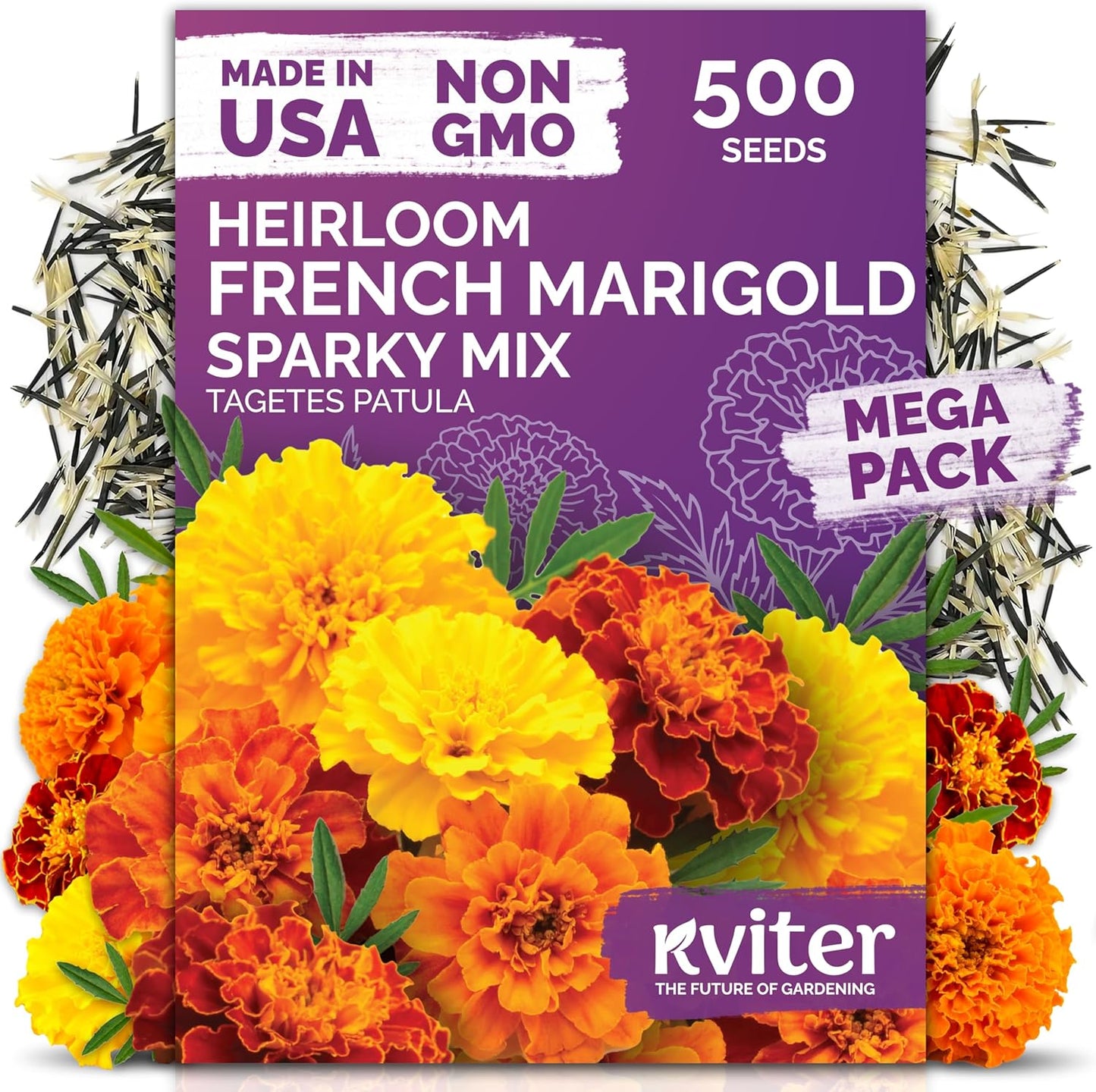 KVITER 500 French Marigold Seeds - Heirloom Non-GMO Organic Sparky Mix | Vibrant Yellow & Orange Blooms for Gardens