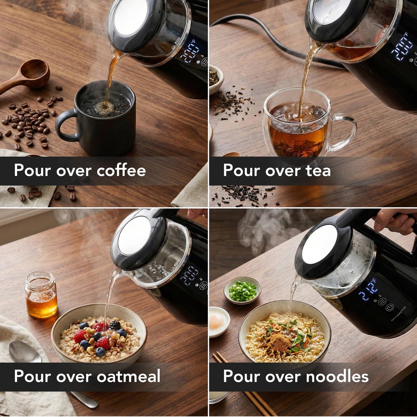 OVENTE 1L Small Electric Kettle with 5 Temperature Preset, Digital Display, 5Hr Keep Warm, Auto Shut-Off, Double-Wall Cool Touch Exterior, Borosilicate Glass,1500W BPA Free Water Boiler, Black KD95B