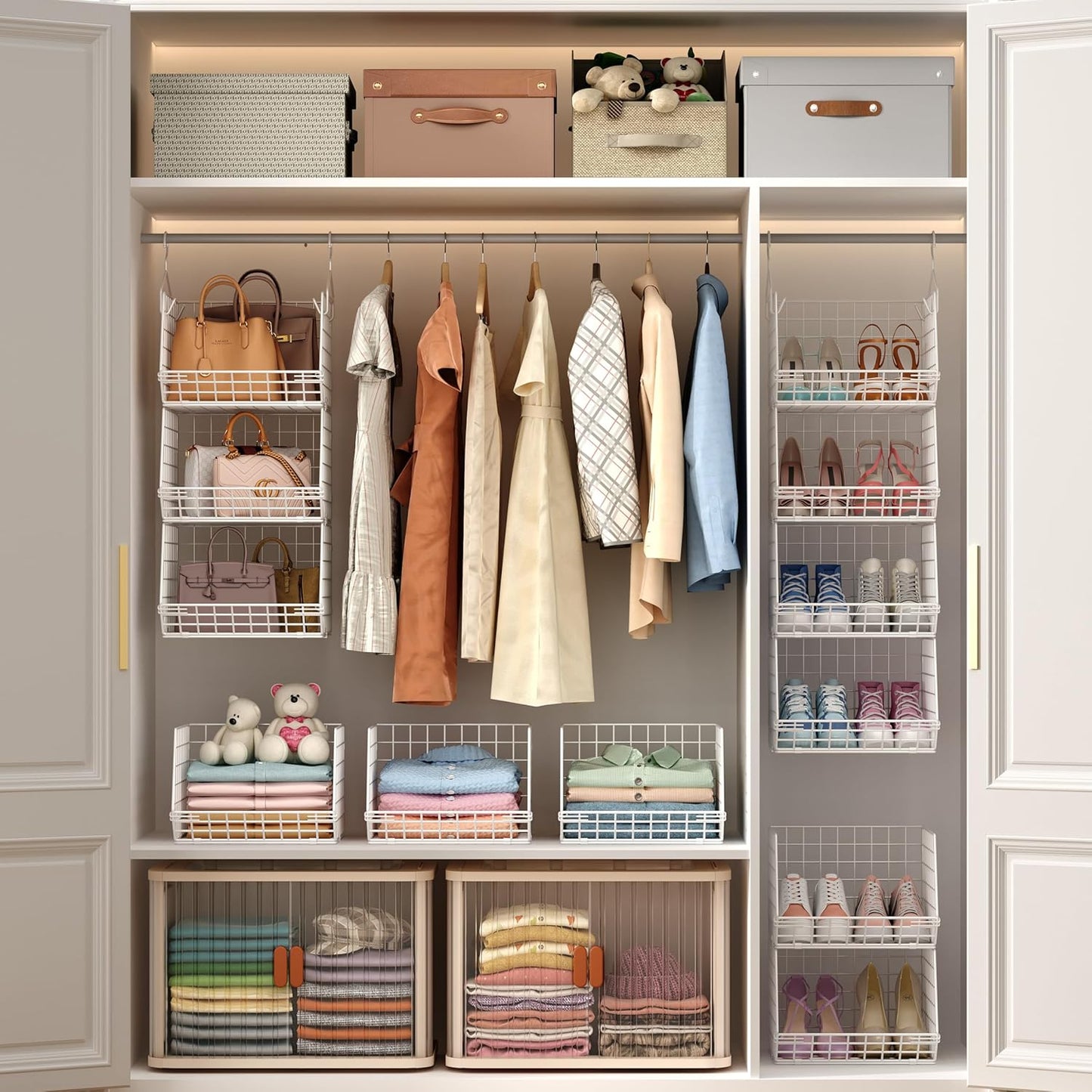 X-cosrack 4-Tier Closet Organizer - Foldable Shelving with Hooks & Storage Baskets | Patent White