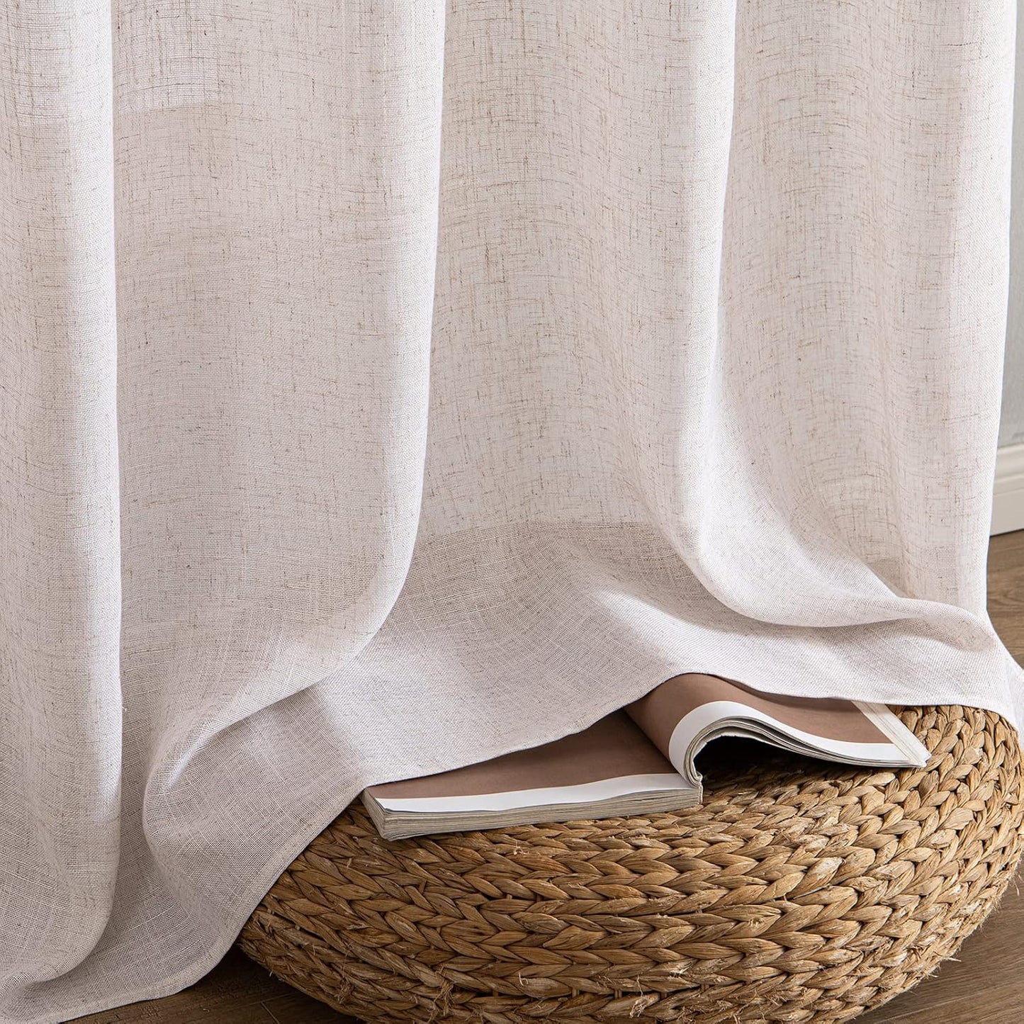 MIULEE Natural White Linen Curtains - 90-Inch Long Semi-Sheer Drapes | Soft Thick Textured Panels for Bedroom & Living Room