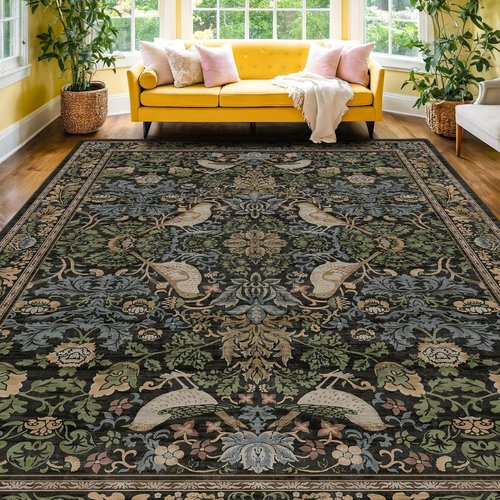 Hazo Haus Dark Floral Area Rug 8x10 - Washable Non-Slip Design for Living Room, Dining Room & Office