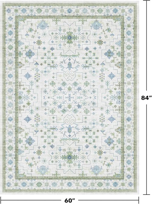 Hazo Haus Oushak Area Rug - Vintage Boho Floral Geometric Design, 5x7, Washable Low Pile, Non-Slip