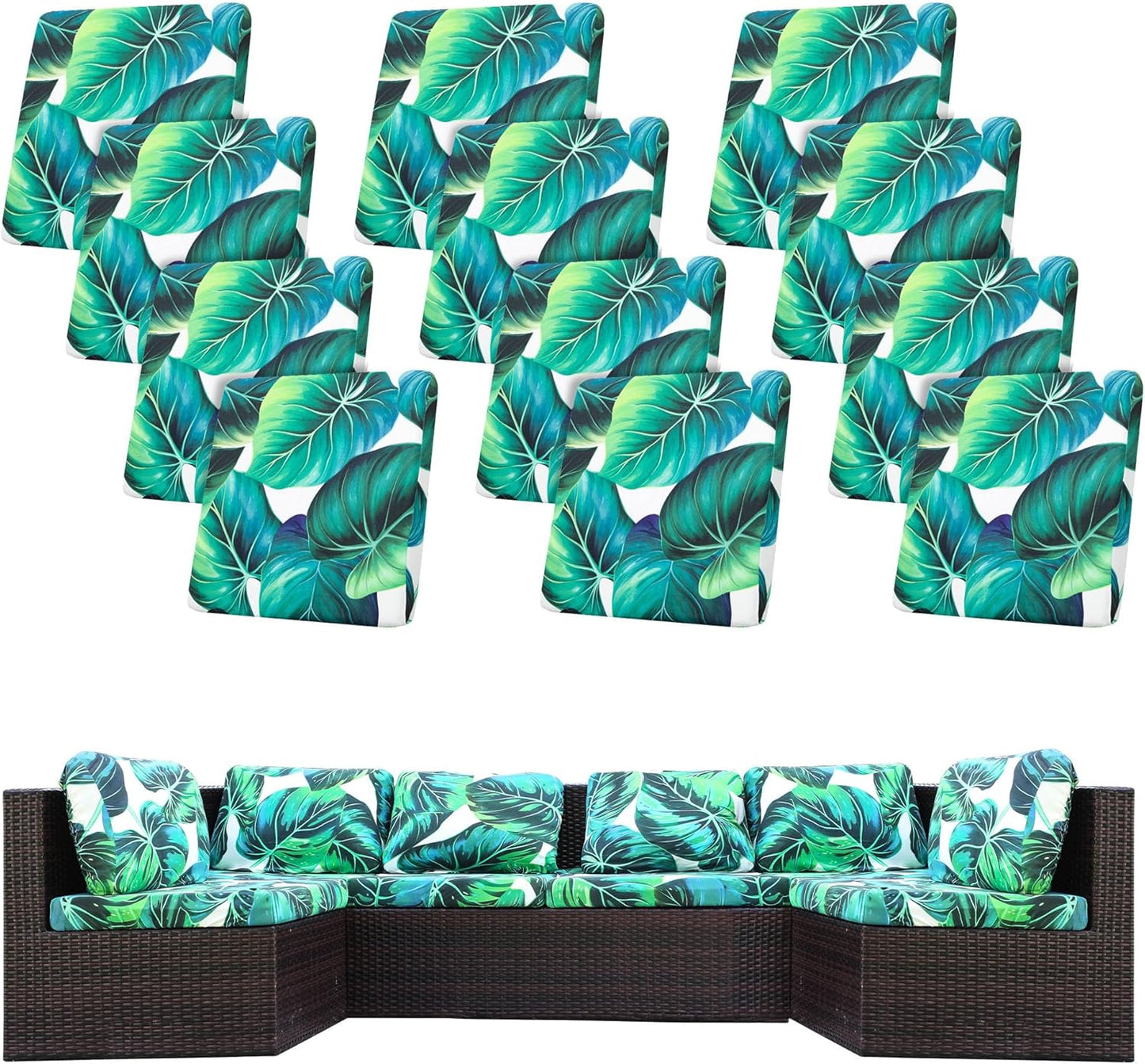 Skiennix 12 Pcs Stretch Patio Cushion Covers - Washable Green Leaf Slipcovers for Outdoor Furniture
