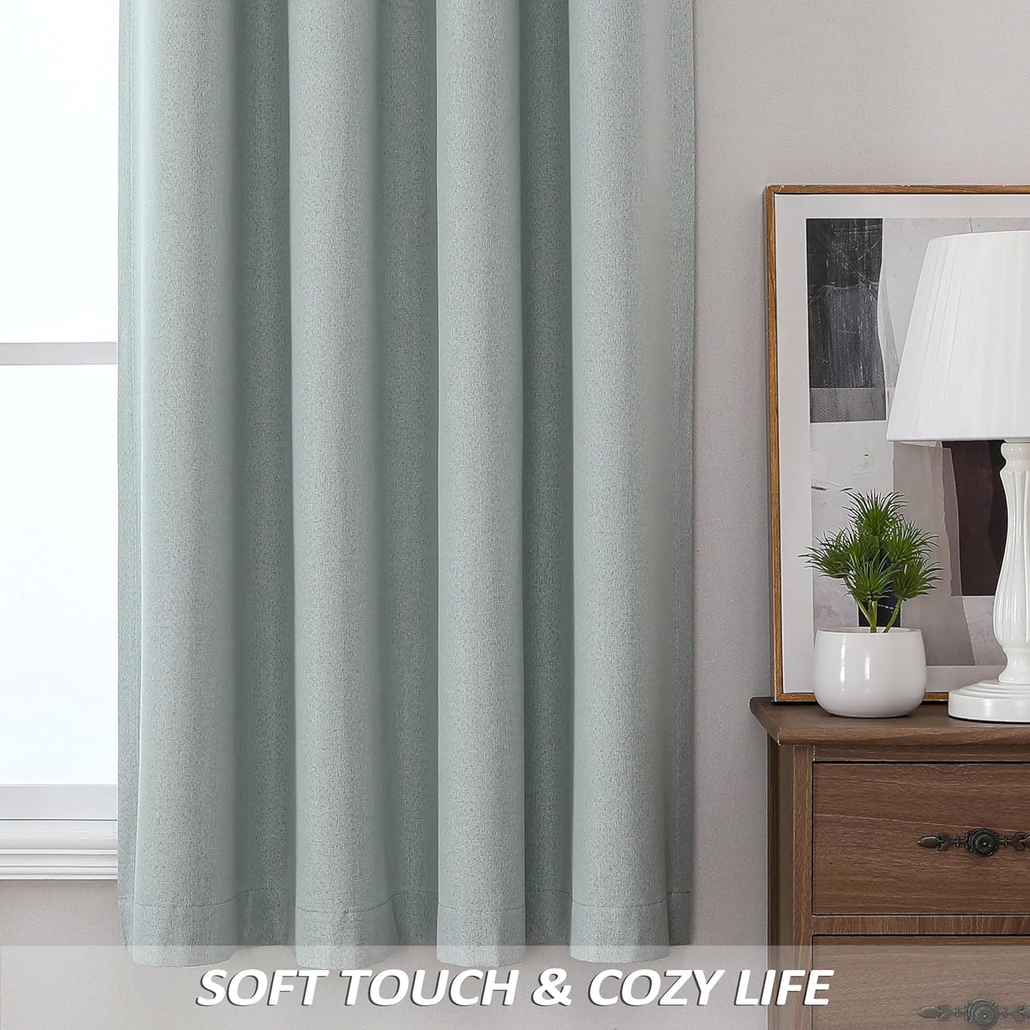 THOOO 100% Blackout Curtains - Natural Linen Textured Thermal Insulated Grommet Panels | 95 Inches, Sage Green