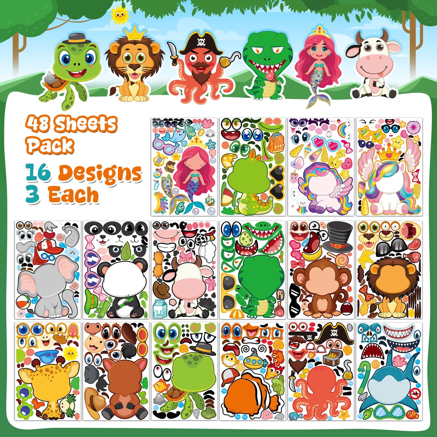 Stickers for Kids - 48 Sheets Party Favors Animal Make a face Stickers Crafts Goodie Bags Stuffers Activities Gifts for Kids Toddler Grandkids Graduation Birthday School Classroom Supplies Age 4-8