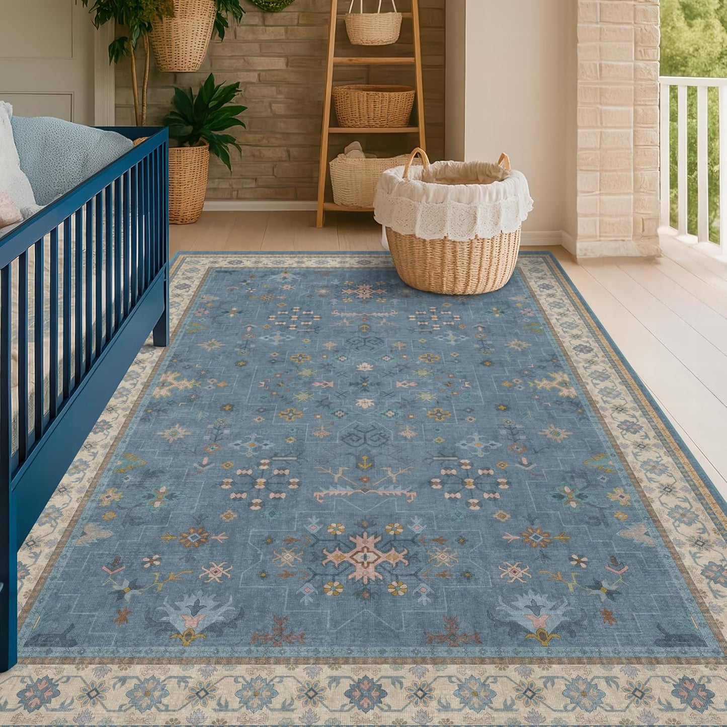 Skiennix 5x8 Boho Eclectic Area Rug - Modern Low-Pile Blue Carpet for Living Room, Bedroom & Nursery