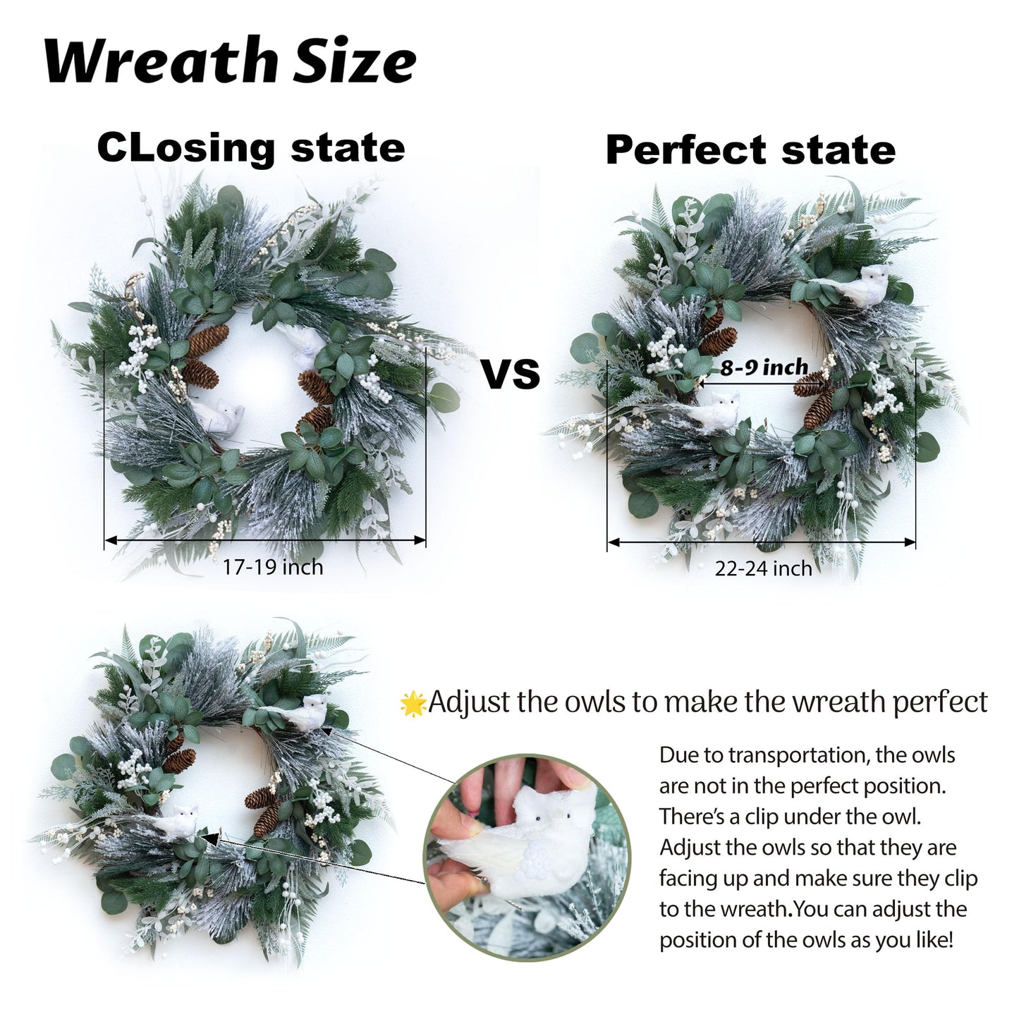 Pinkpuii Winter Wreaths for Front Door 24 Inch Snowy Flocked Christmas Wreath Artificial Green Olive Eucalyptus Wreath with Cute White Owl,Pine Cones,Cedar,White Berries for Indoor Outdor Decor