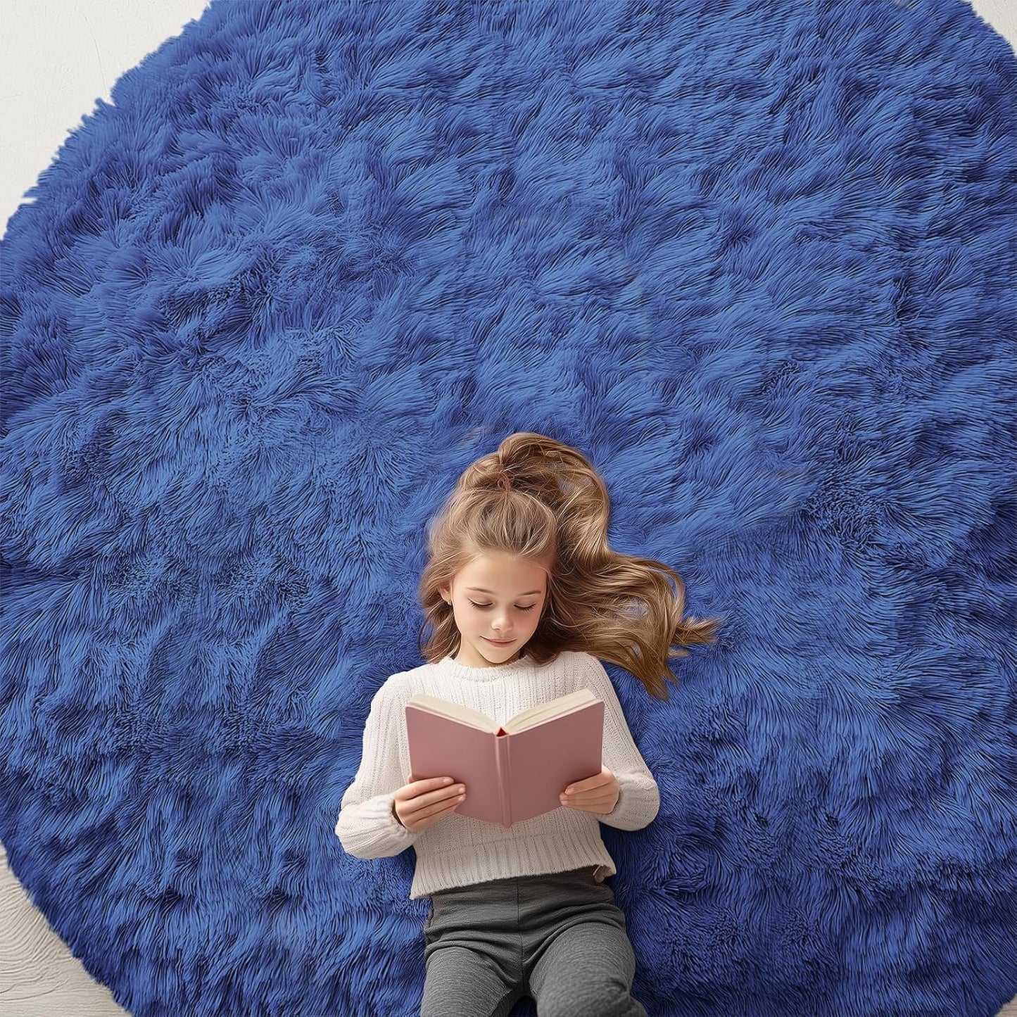 OLANLY Navy Blue Round Rugs - Soft, Fluffy Shaggy Carpet | 8 ft Machine Washable Area Rug for Bedroom & Living Room