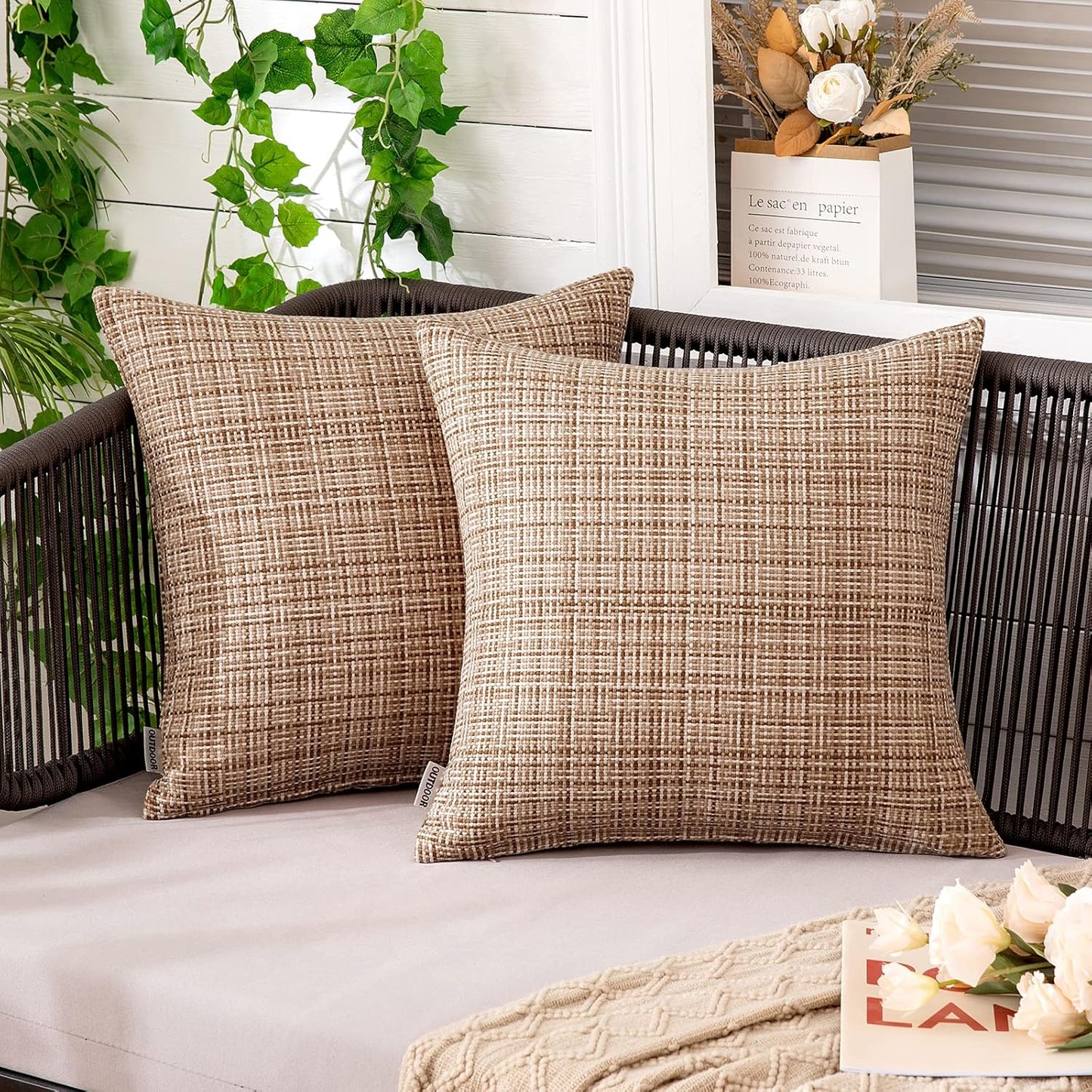 MIULEE Outdoor Waterproof Throw Pillow Covers - Decorative Farmhouse Cushion Covers, 20x20 Inch Beige | Pack of 2