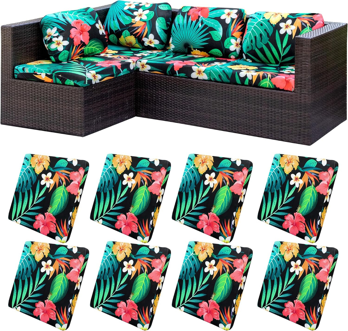 Skiennix 8-Piece Stretch Patio Cushion Covers - Washable Floral Leaf Slipcovers for Outdoor Furniture