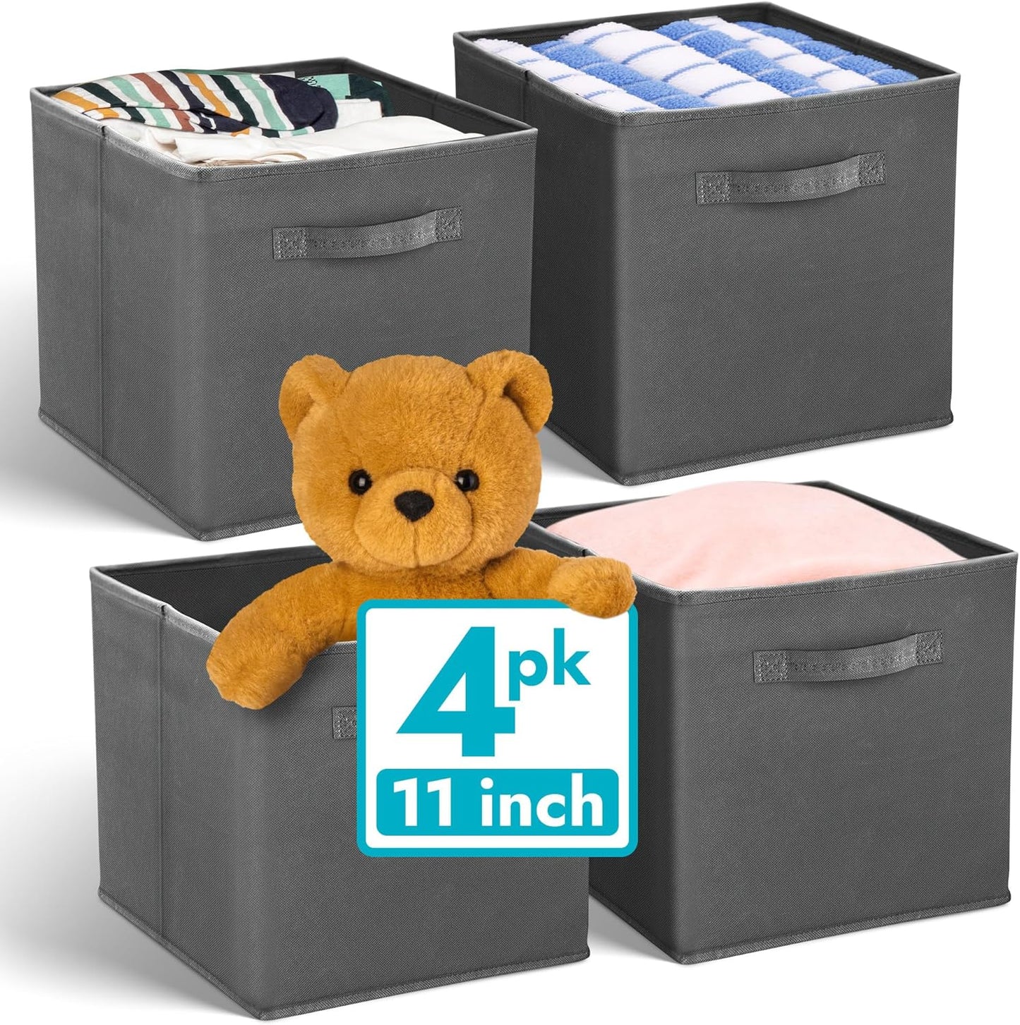 Reli. 11-Inch Cube Storage Bins - 4 Pack Fabric Organizer Boxes | Collapsible Dark Gray Cubby for Kids' Room