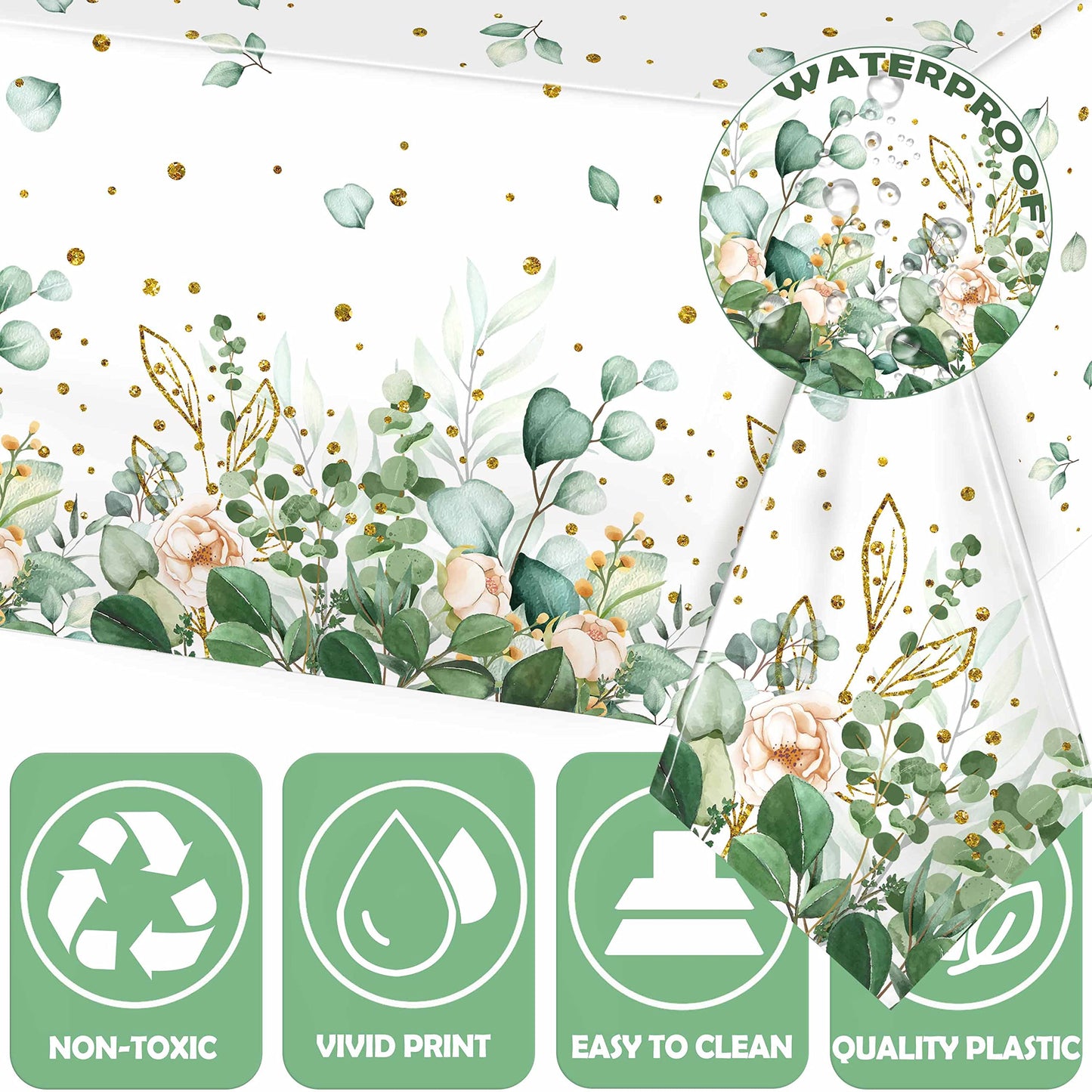 Sage Green Eucalyptus Leaf Tablecloth for Baby Shower Party Decoration Disposable Plastic Sage Greenery Tablecloth Table Cover Boho Woodland Neutral Baby Shower Wedding Party 54 x 108IN (3, Greenery)