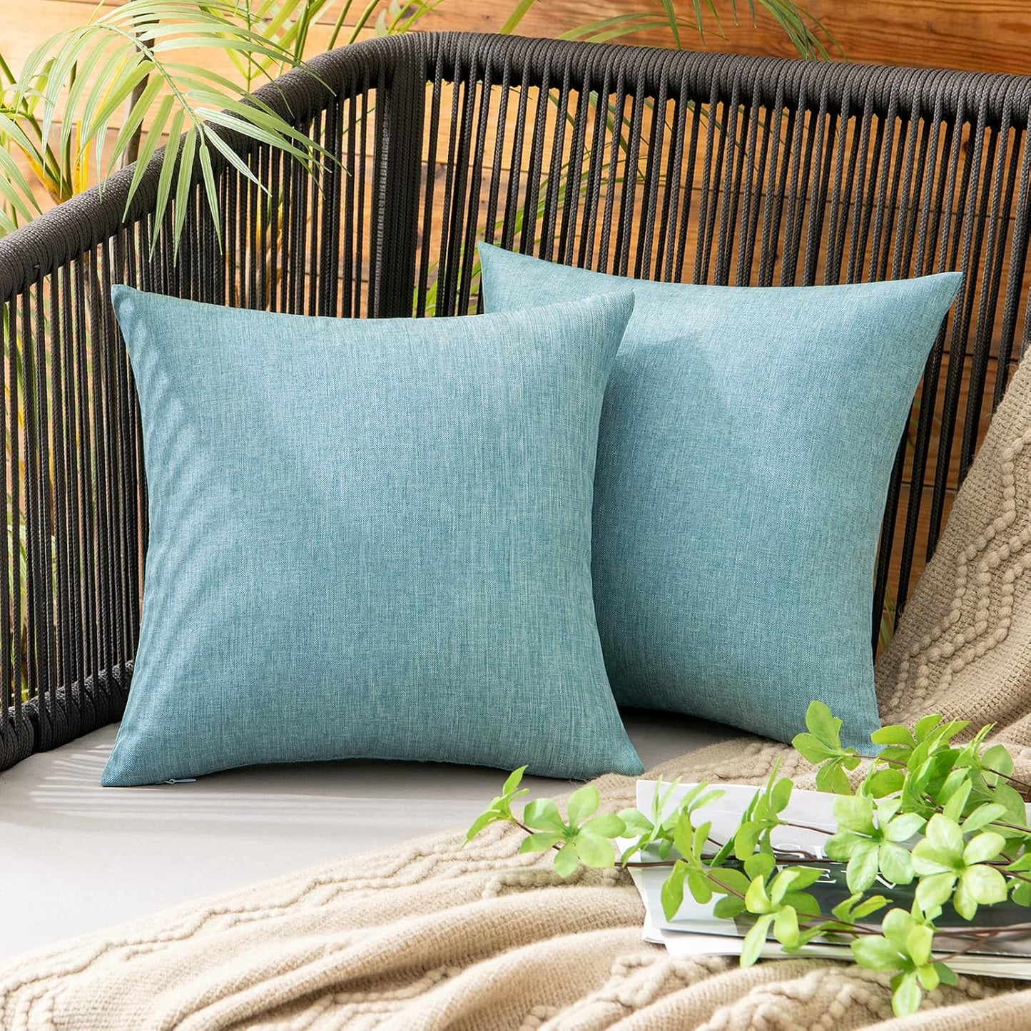 MIULEE Decorative Outdoor Throw Pillow Covers - Waterproof Faux Linen Cushion Cases | 12x12 Inch Turquoise, Set of 2