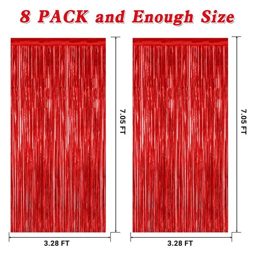 8 Pack Red Backdrop, 3.28 FT x 7.05 FT Streamer Party Decorations, Metallic Foil Fringe Curtains Party Streamer Photo Booth Backdrop, Red Tinsel Valentines Day Party Decor for Engagement Birthday