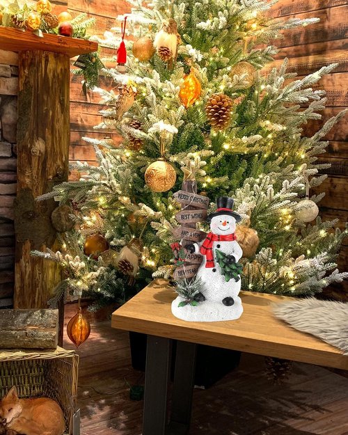 iStatue Merry Christmas Snowman Sign - Charming Resin Tabletop Decoration with Mini Tree | Holiday Home Decor Gift