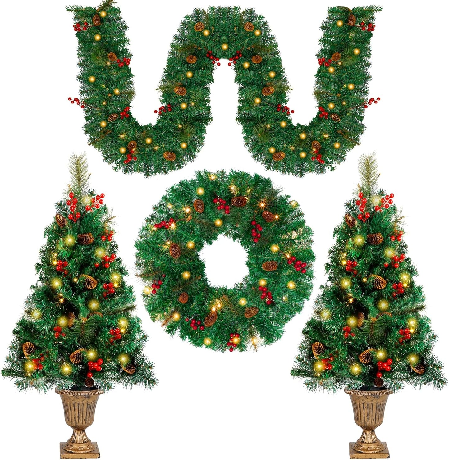 Juegoal Christmas Decorations - 4-Piece Pre-Lit Artificial Entrance Trees Set with Wreath & Garlands | 8 Lighting Modes & Timer for Festive Home Decor