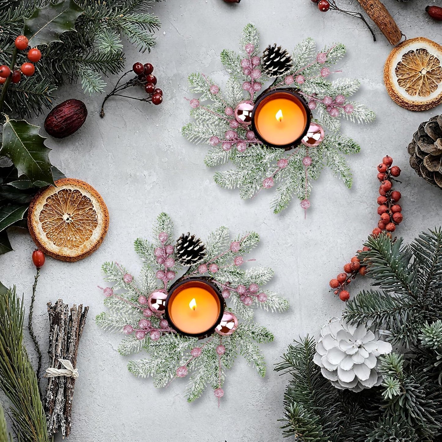 Pink Christmas Candle Rings by [Brand Name] - 8-Inch Wreaths with Pine Cones, Berries & Pine Needles for Festive Table Decor