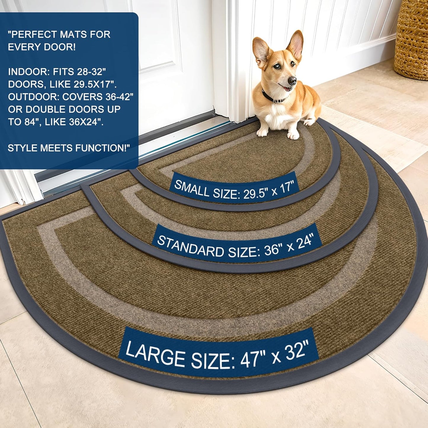 OLANLY Half Circle Door Mat - Waterproof All-Season Indoor/Outdoor Entrance Mat | Easy Clean, 29.5x17, Brown