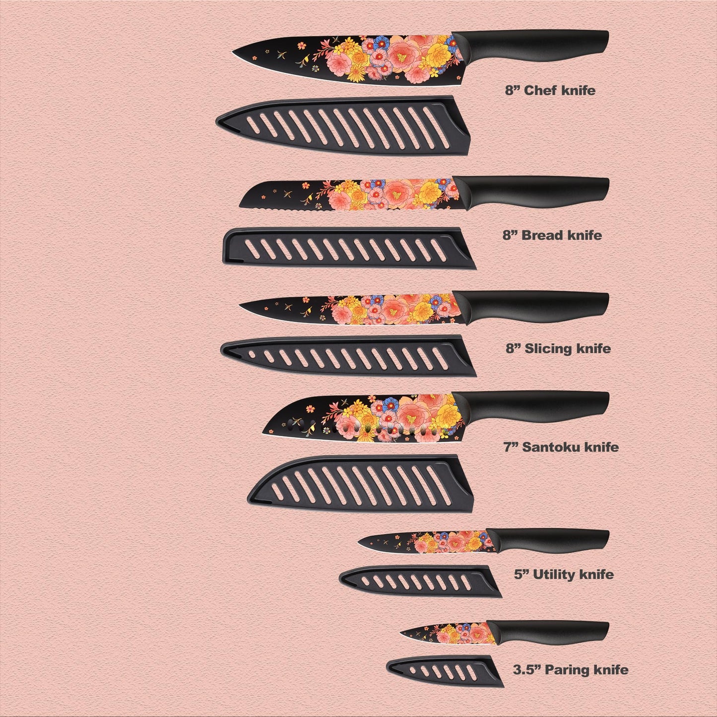 Marco Almond Knife Set Artistic Designed Pattern Kitchen Knife 6 Stainless Steel Kitchen Knives w 6 Blade Guards,Dishwasher Safe Kitchen Knife Sets for Family Knives Set for Chefs