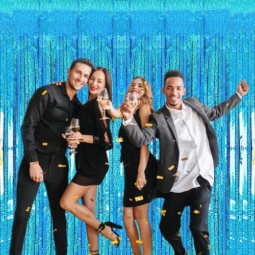 2 Pack 3.2ft x 8.2ft Blue Foil Fringe Curtains Photo Backdrop Party Decorations, Metallic Tinsel Foil Fringe Streamer Curtain for Party Door Wall Curtain Bachelorette Christmas New Year Decorations