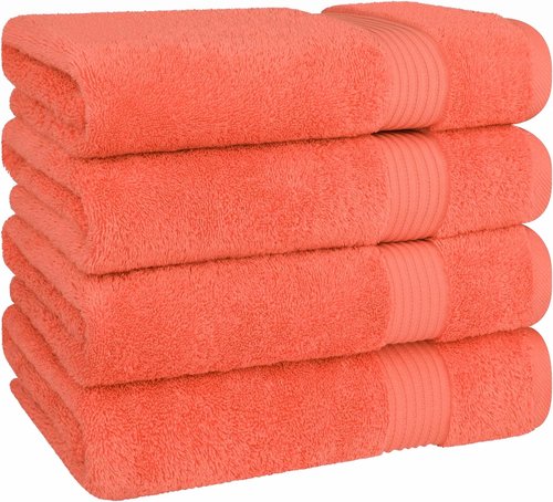 Cotton Paradise 4 Piece Turkish Bath Towels - Extra Large Soft Plush Set in Coral