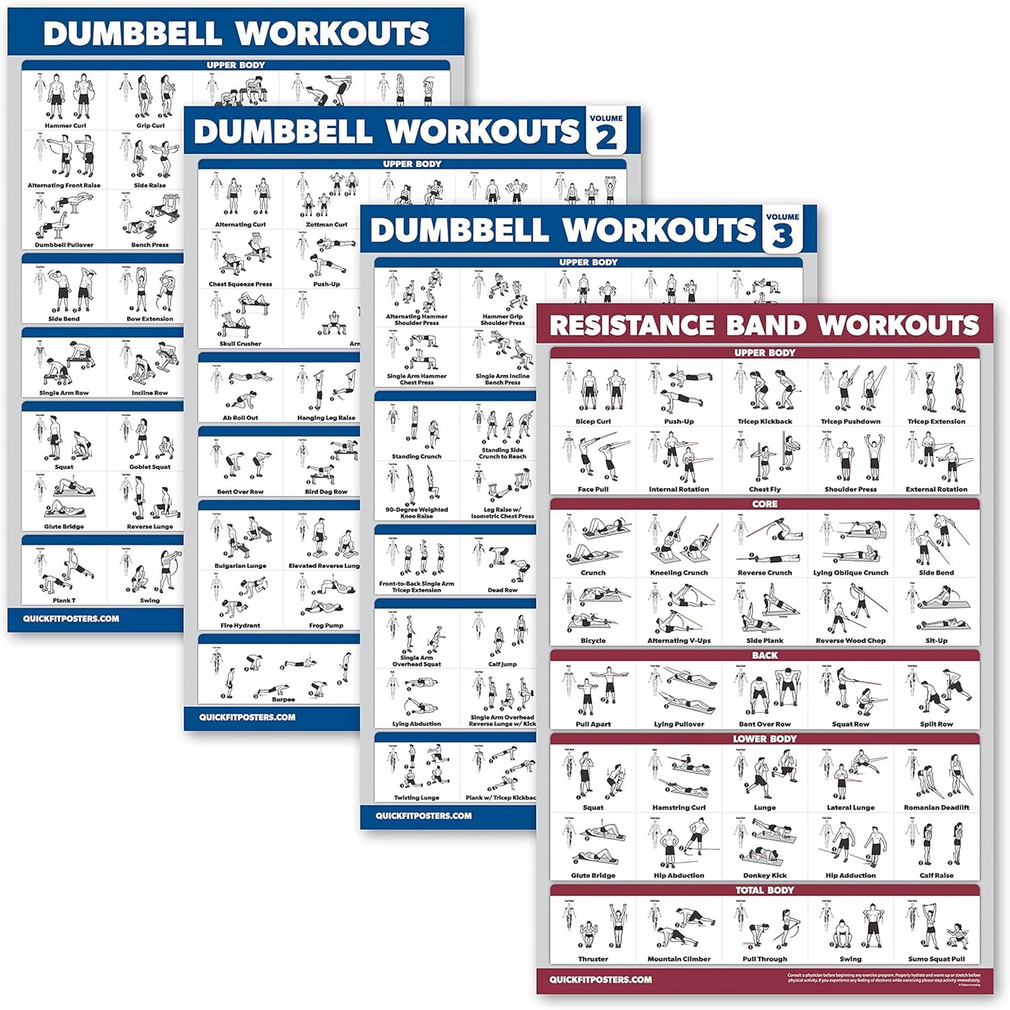 Palace Learning Dumbbell Workout Posters Set - 4 Pack with Resistance Bands Exercise Chart