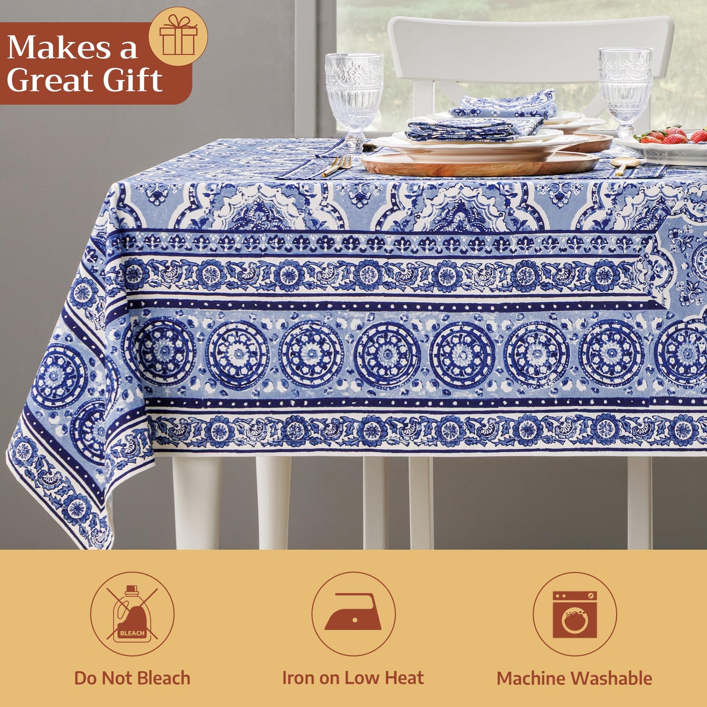 Maison d' Hermine Table Cloth Rectangle Table 100% Cotton 54 x 72 Inches Tablecloth Reusable Decorative for Dining Kitchen Room Farmhouse Party Home Hotel Restaurant Spring Summer - Melodie Bleue