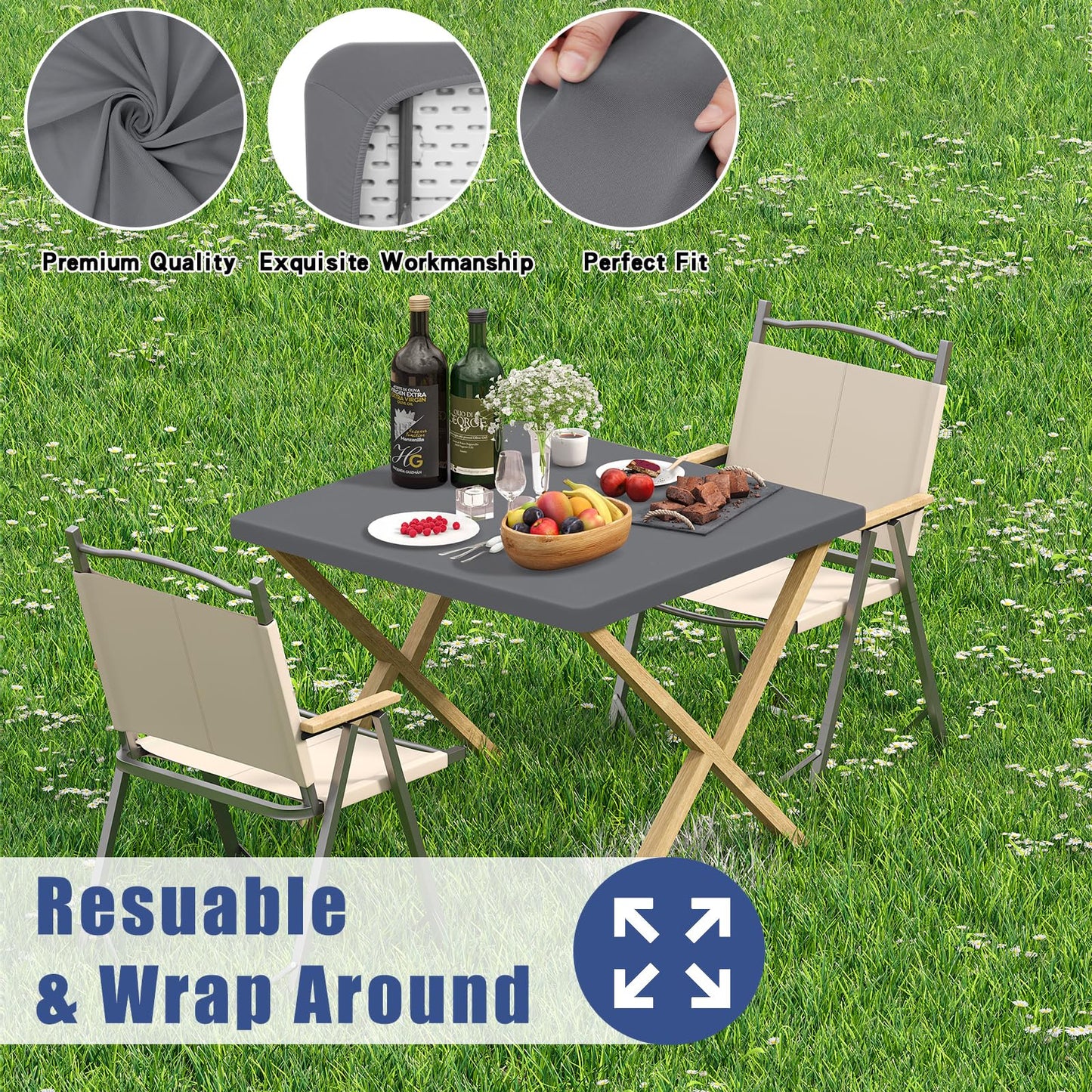Moosfor Spandex Square Table Cloth, Elastic Fitted Tablecloths for Picnic, Stretch Washable Patio Table Cover for Outdoor, Camping, Banquet and Parties (Grey, 34"x34")