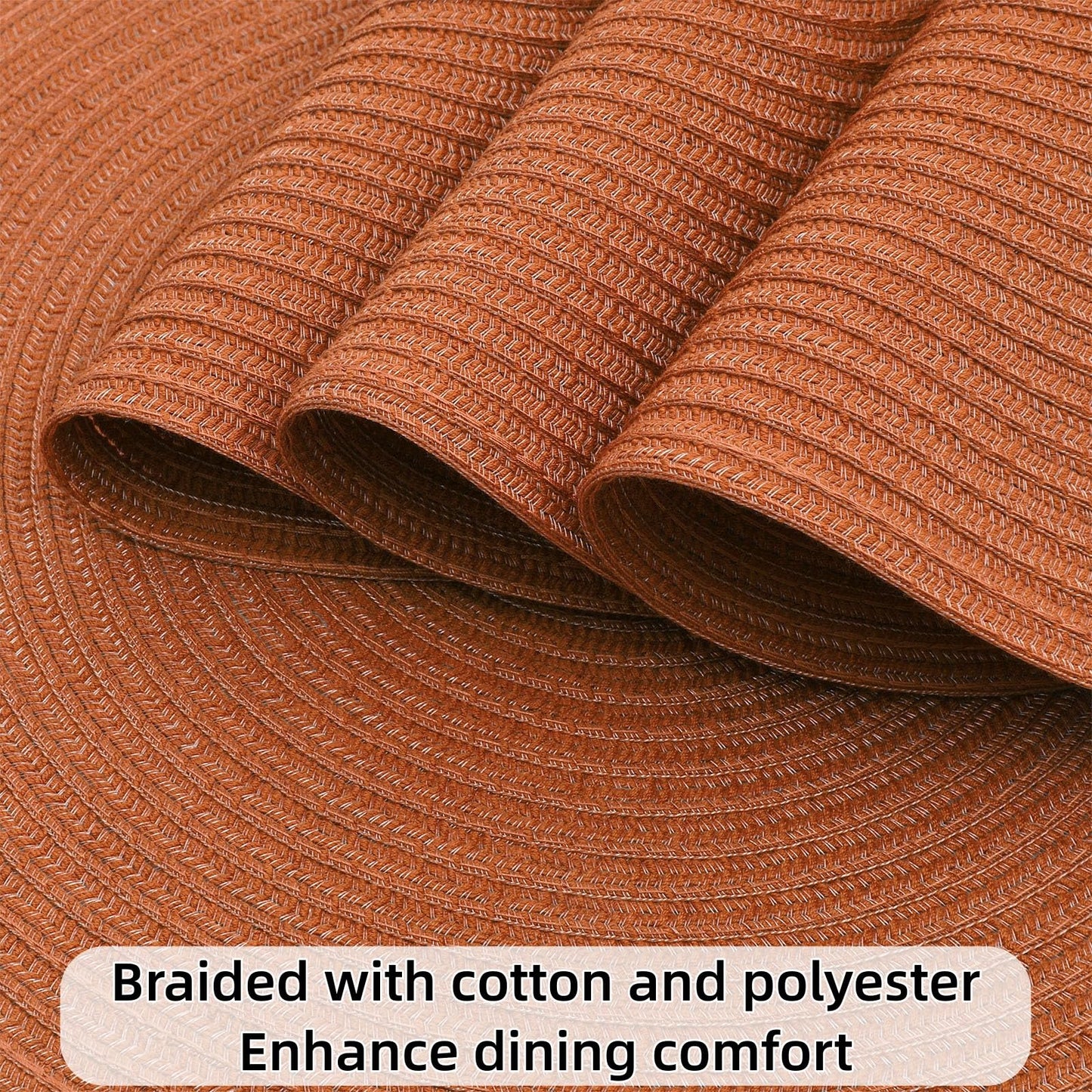 SHACOS Round Placemats Set of 6 Washable 15 inch Round Placemat Cotton Polyester Woven Braided Table Place Mats for Dining Table Decor, Dark Orange