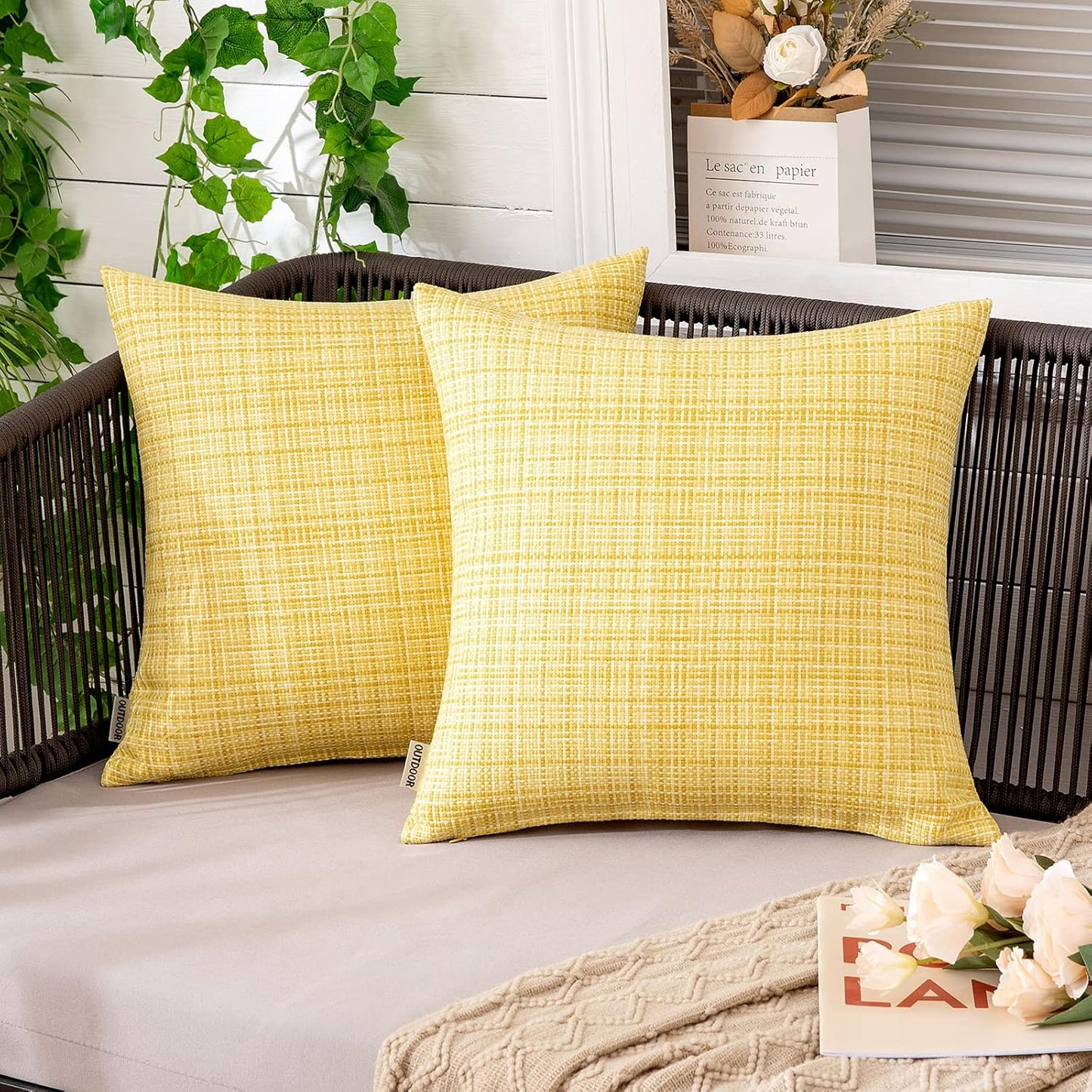 MIULEE Outdoor Waterproof Throw Pillow Covers - Decorative Farmhouse Cushion Covers, 18x18 Inch, Yellow | Pack of 2