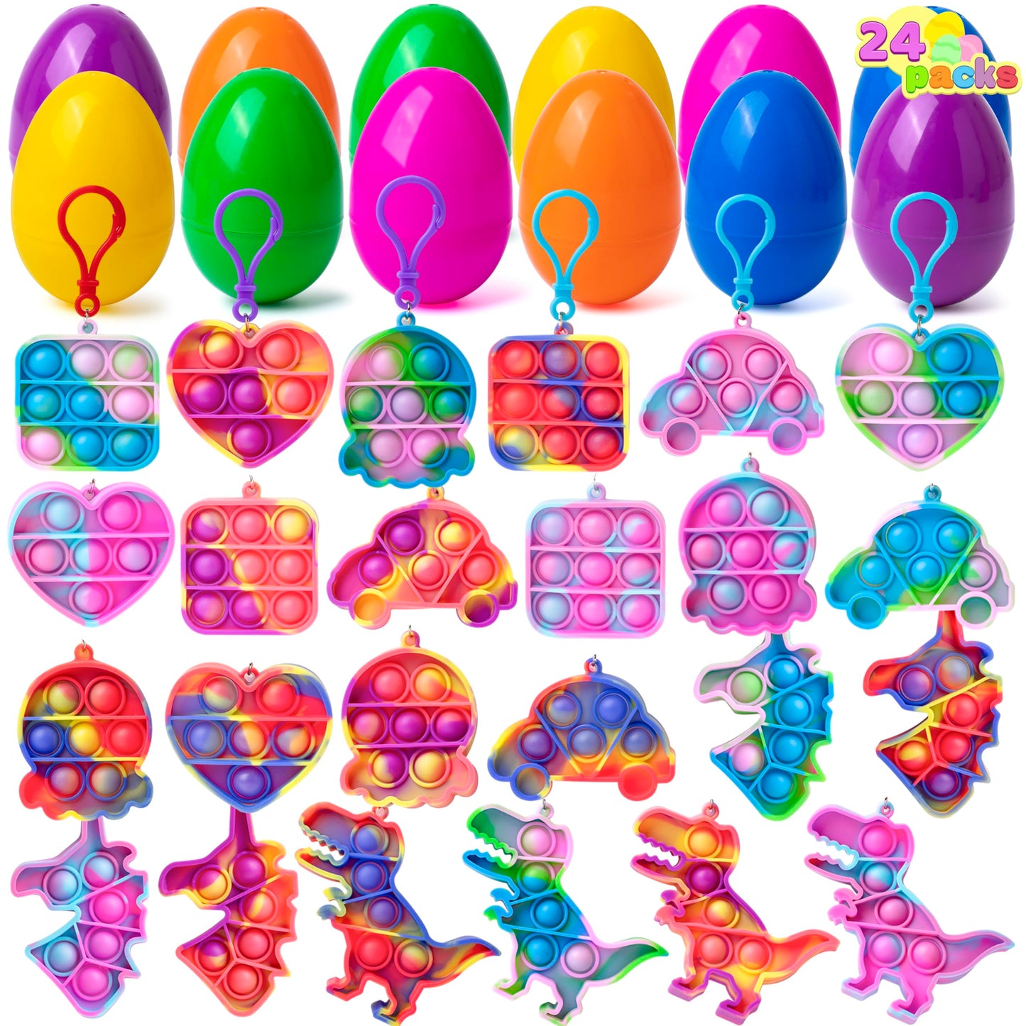 JOYIN 24 Pcs Pre Filled Easter Eggs with pop Keychain Toys for Easter Theme Party Favor, Pop Fidget Stress Relief Squeeze Bubble for Eggs Hunt, Classroom Exchange and Game Prize Supplies