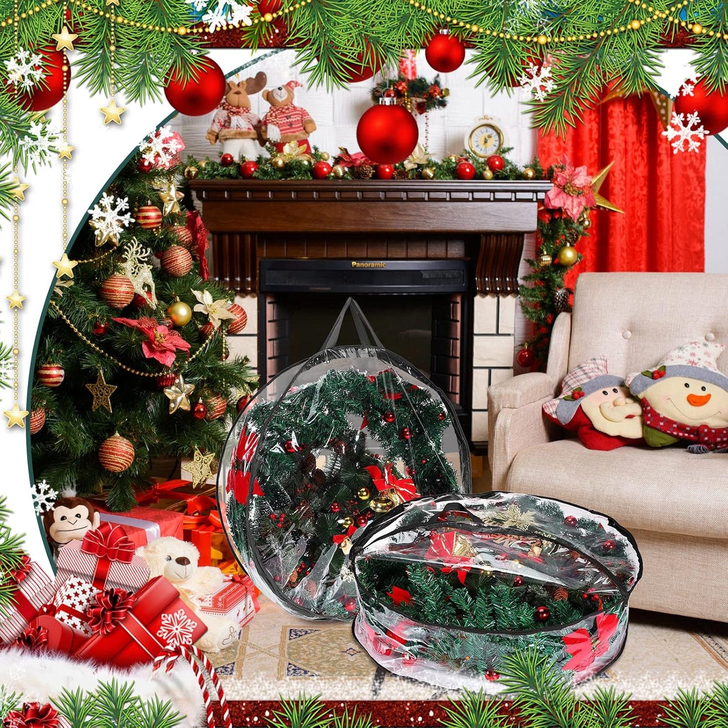 Shappy Clear Christmas Wreath Storage Bag - 24 Inch Wreath Container with Dual Zippers & Reinforced Handles | Black