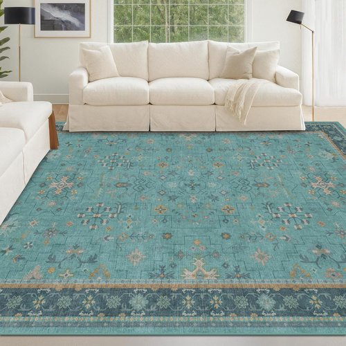 Boho Teal Area Rug - Geometric Floral Design for Living Room & Bedroom | Vintage Turquoise, Soft & Stain Resistant, 6x9