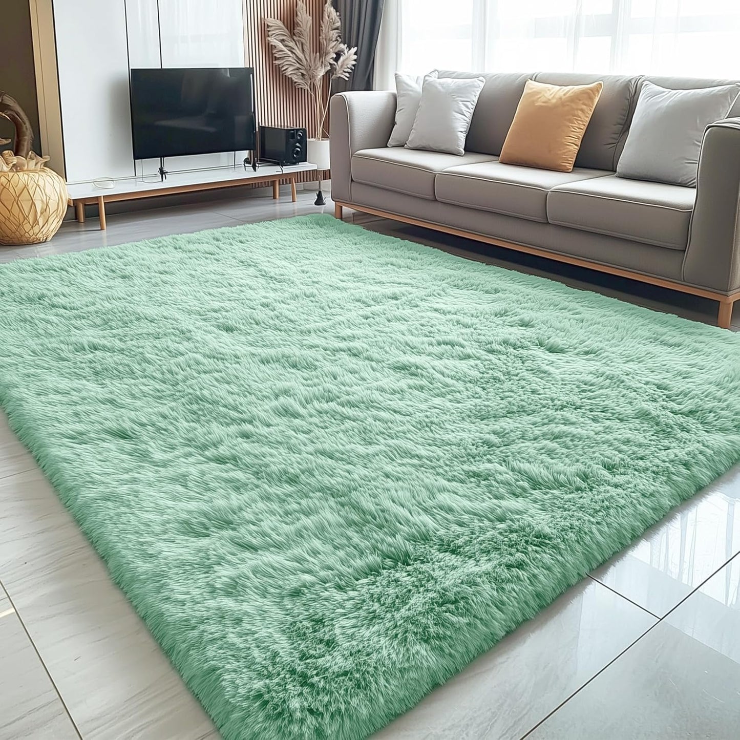 OLANLY Large Area Rug - Soft Fluffy Shaggy Carpet for Living Room & Bedroom | 5x8 Mint Green
