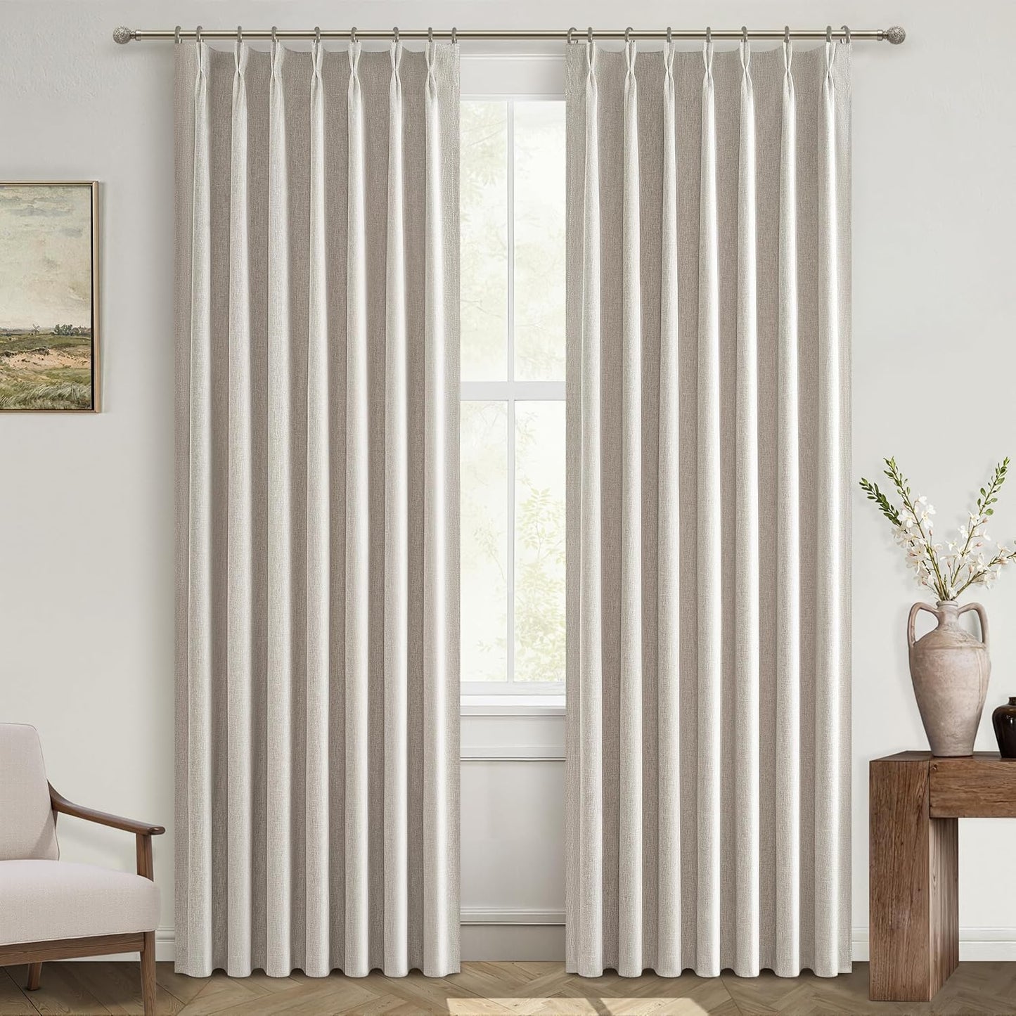 Skiennix Natural Linen Blackout Curtains - 96 Inch Long Thermal Insulated Drapes | 2 Panel Set in Neutral