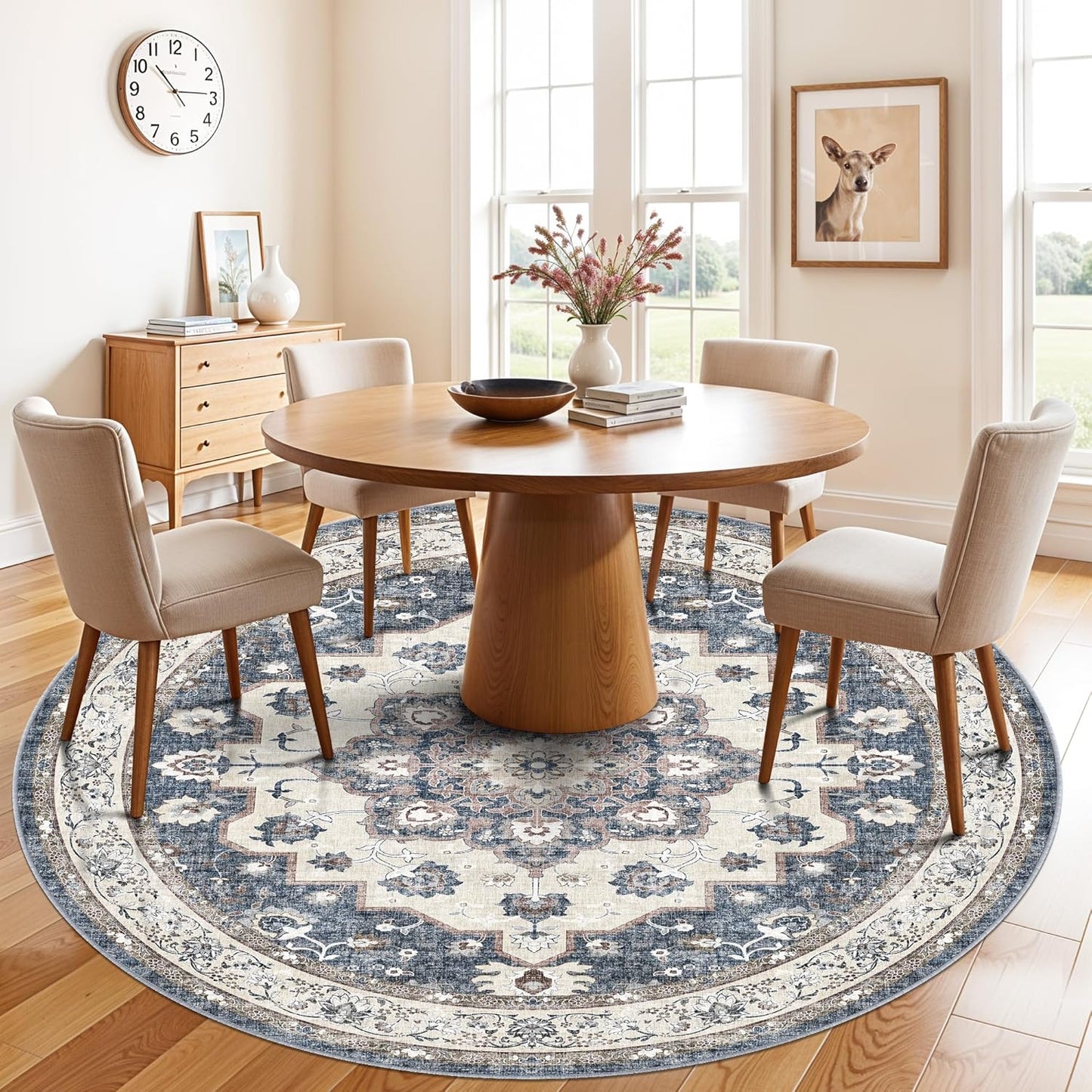 Skiennix Washable Circle Rug - 6ft Round Indoor Carpet | Ultra Thin, Water Resistant, Floral Design in Blue