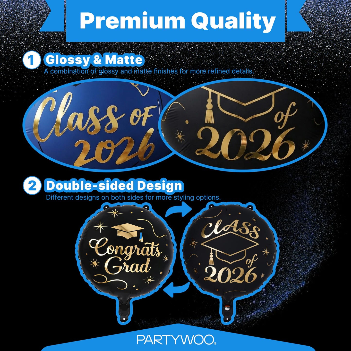PartyWoo Graduation Balloons Class of 2026 Black Blue Gold 12pcs Balloons 40 Inch 2026 Foil Number Balloons 18 Inch Congrats Grad Mylar Balloons for Black Blue Graduation Decorations Party Supplies