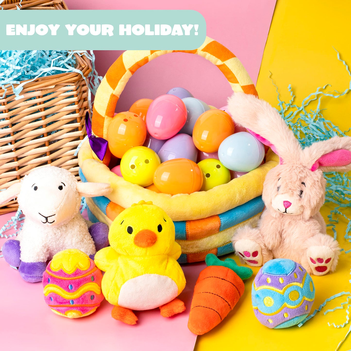 JOYIN 7 PCS Easter Basket Plush Playset Stuffers with Lamb Bunny Chick Carrot Egg Toys, Easter Party Favors Decorations Gifts Supplies for Baby Girls Boys Toddler Kids of All Ages