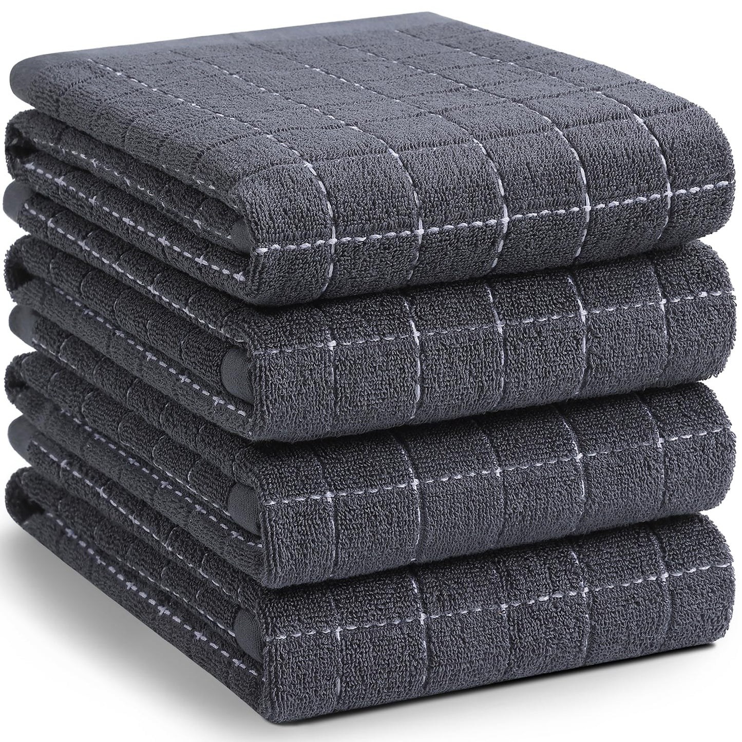 Homaxy 100% Cotton Terry Kitchen Towels(Dark Grey, 20 x 28 inches), Checkered Designed, Soft and Super Absorbent Dish Towels, Large 4 Pack