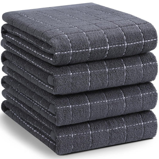 Homaxy 100% Cotton Terry Kitchen Towels(Dark Grey, 20 x 28 inches), Checkered Designed, Soft and Super Absorbent Dish Towels, Large 4 Pack