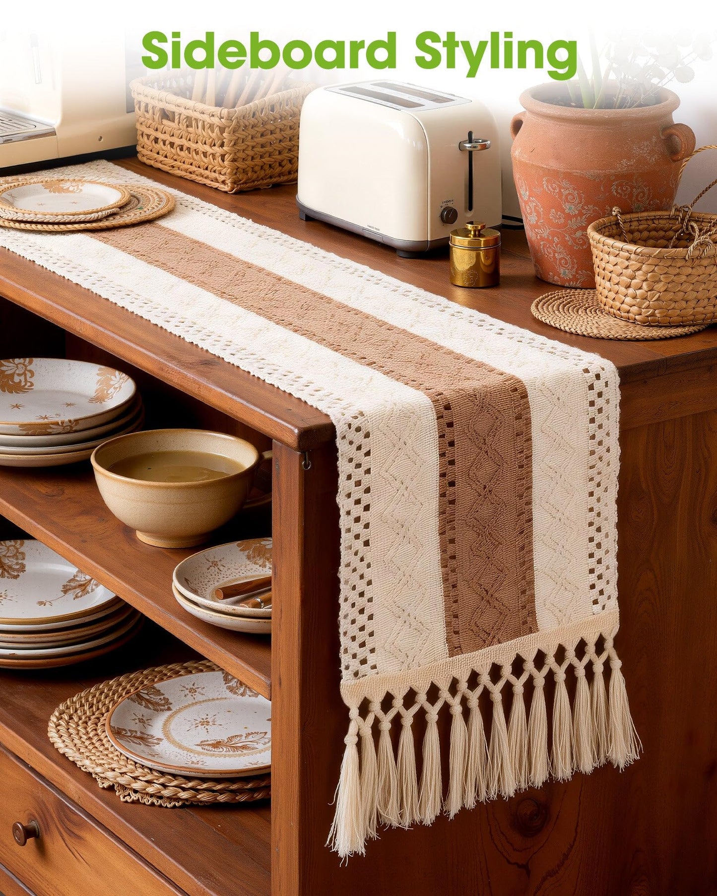 Pureegg Farmhouse Boho Table Runner - 72 Inches, Linen-Textured Woven Tassel Design for Dining Table Decor, Kitchen, Coffee Table & Living Room, 12 x 72 Inch, Brown