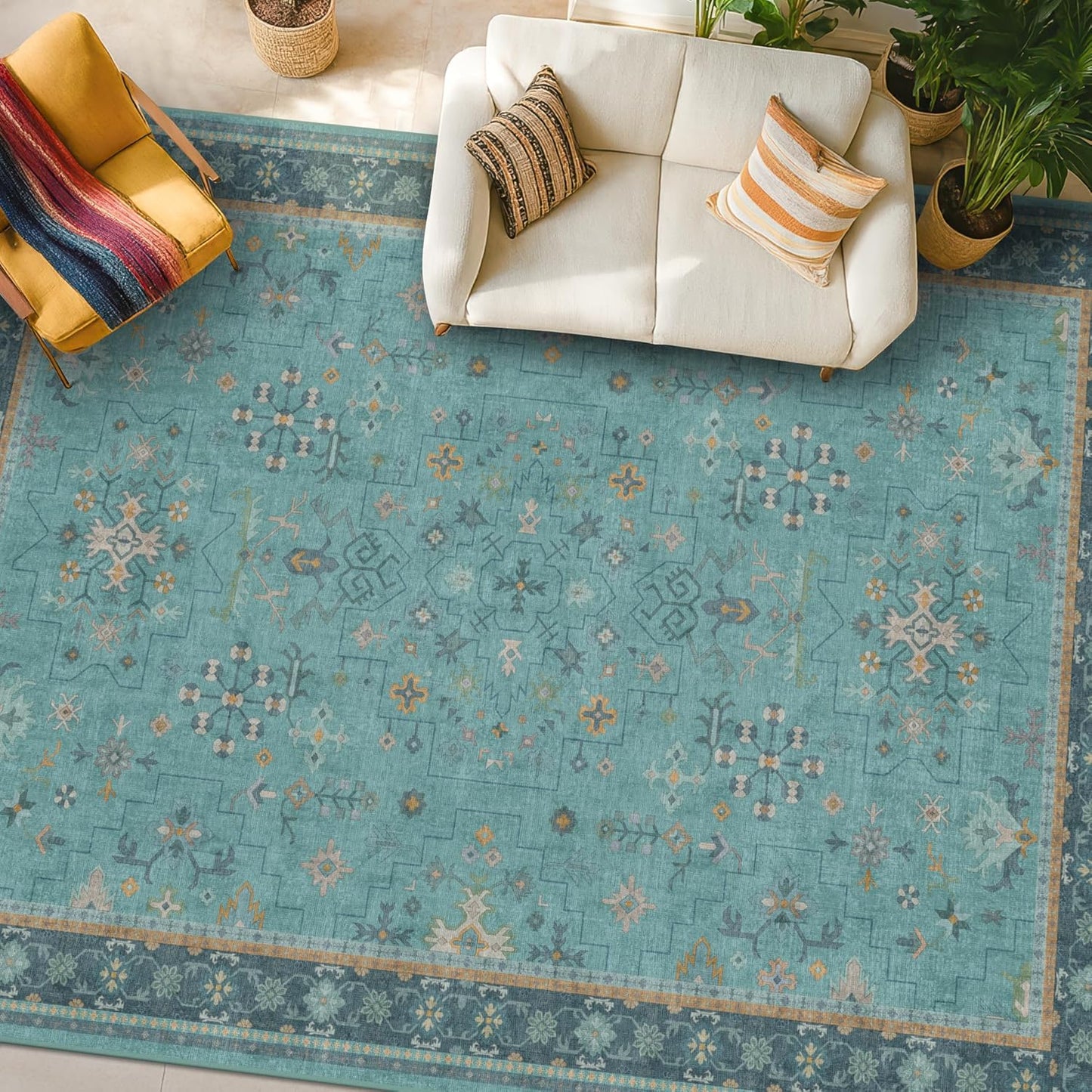 Skiennix Boho 8x10 Teal Green Area Rug - Vibrant Turquoise Soft Non-Slip Indoor Décor for Living Room & Bedroom