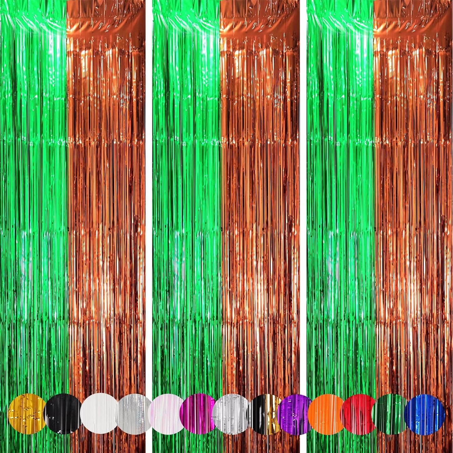 Voircoloria Foil Fringe Backdrop Curtains - 3 Pack of 3.3 x 8.2 ft Green & Brown Tinsel Streamers for Parties