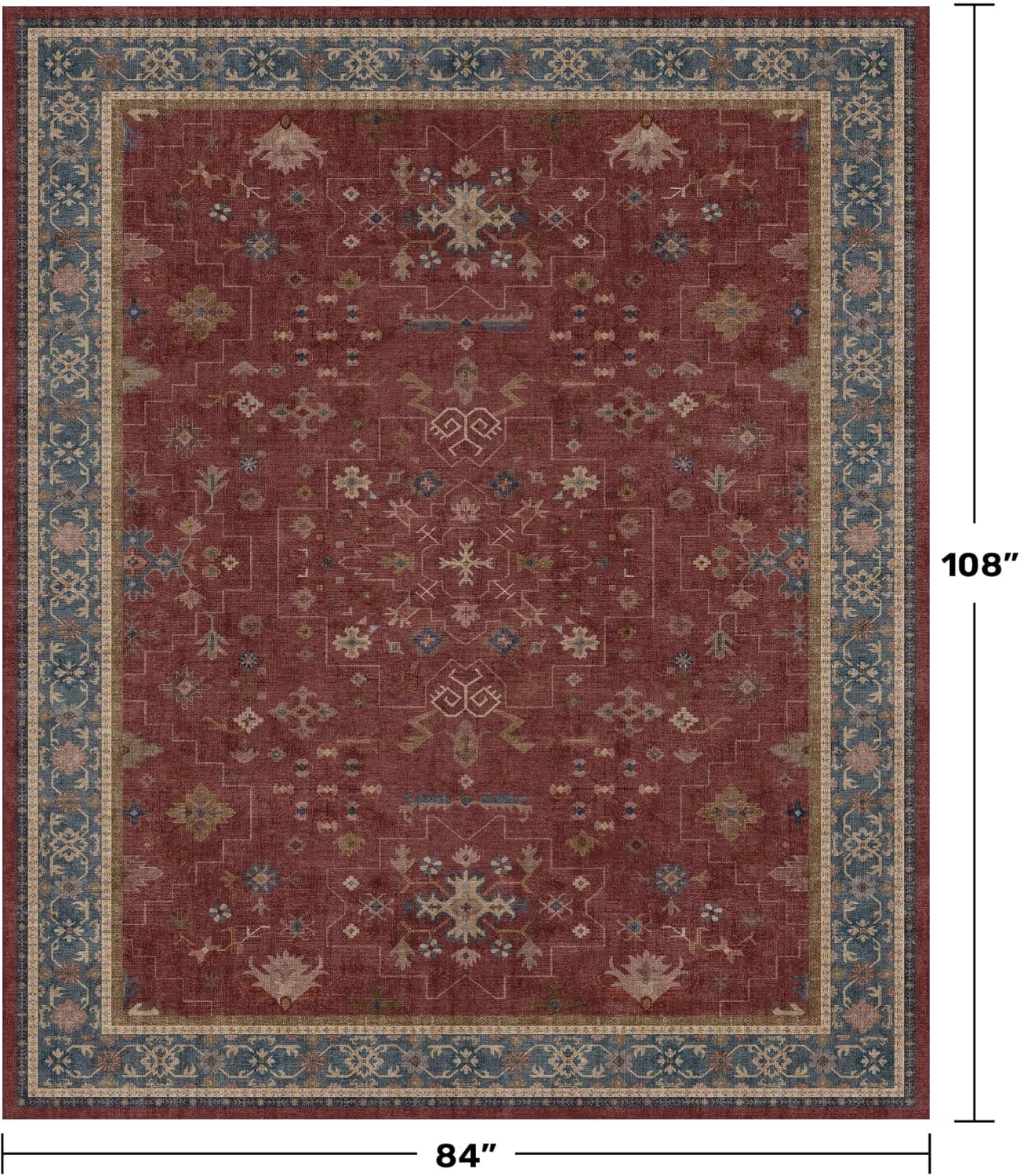 Regine Switzerland Vintage Burgundy 7x9 Dining Room Rug - Lightweight Washable Boho Carpet