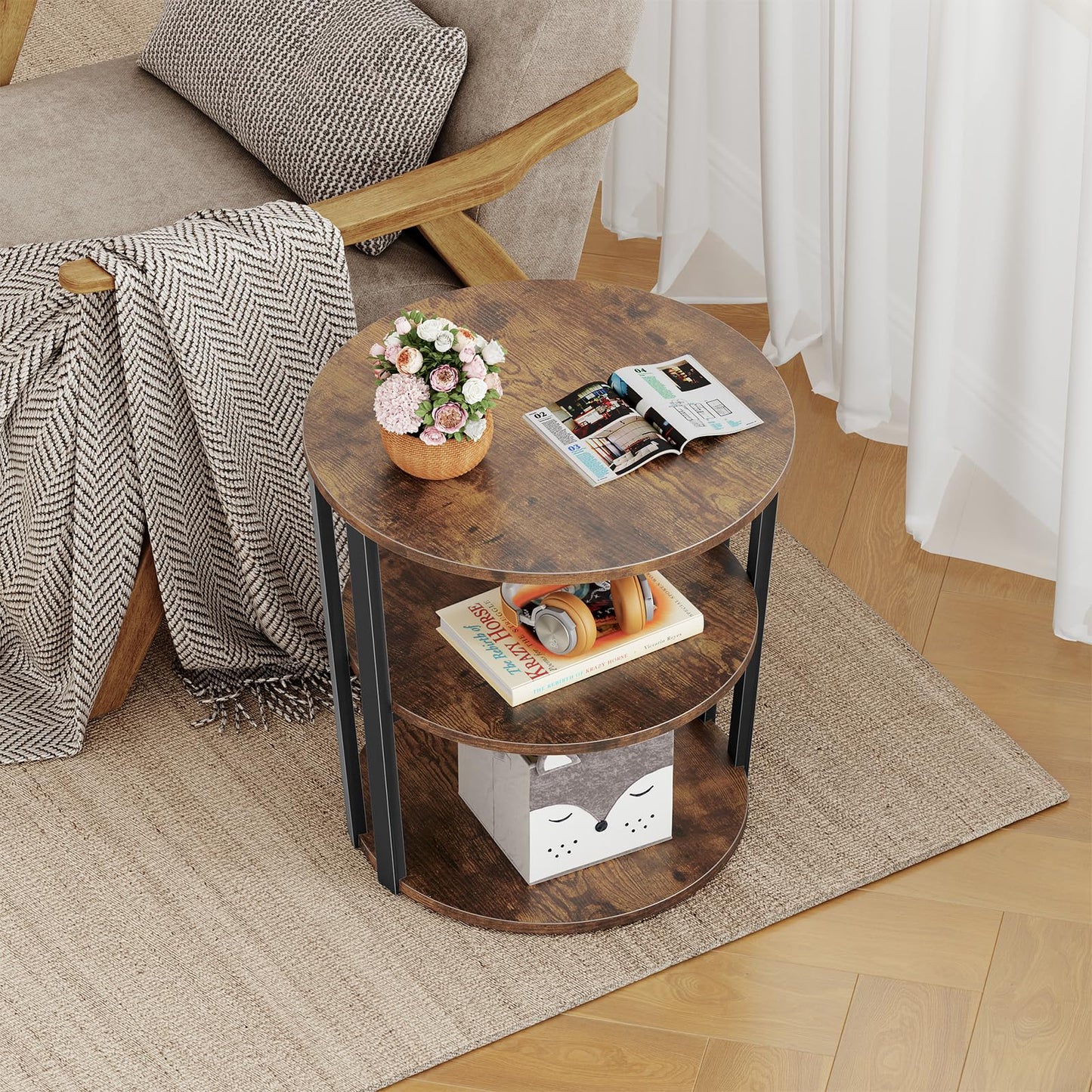 Kalrin Round Side Table, 3-Tier Rotating Side Table, Big Shelf End Table Living Room with Lazy Susan, Nightstand for Small Spaces Living Room Bedroom Sofa, Vintage Brown