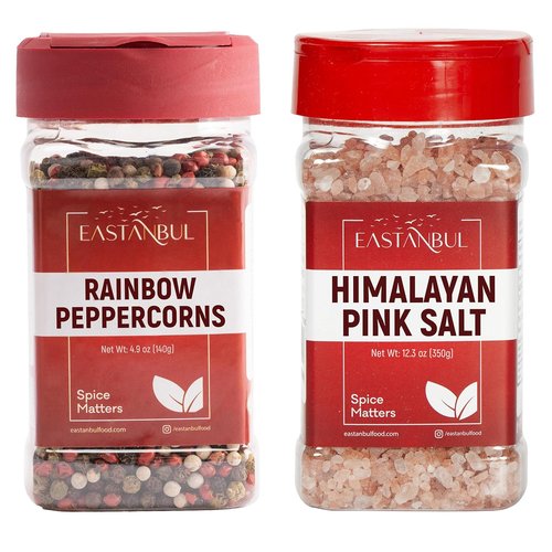 Eastanbul Salt and Pepper Grinder Refill - Rainbow Peppercorns 4.9oz & Pink Himalayan Salt 12.3oz | Natural Spice Blend