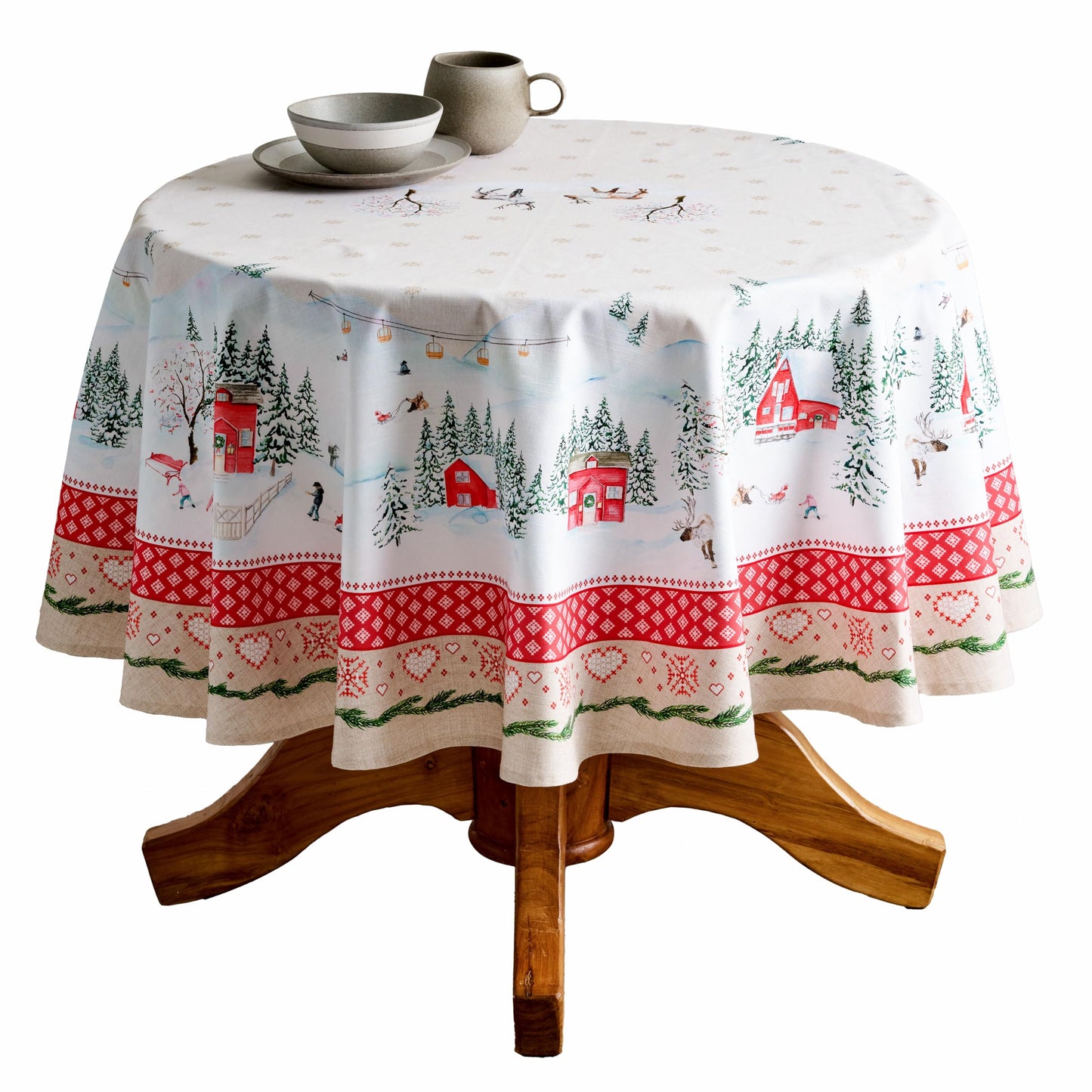 Maison d' Hermine Table Cloth Round Table 100% Cotton 63 Inches Fall Tablecloth Reusable Everyday Use for Thanksgiving Christmas Decorations Dining Farmhouse Party (Rural Christmas)