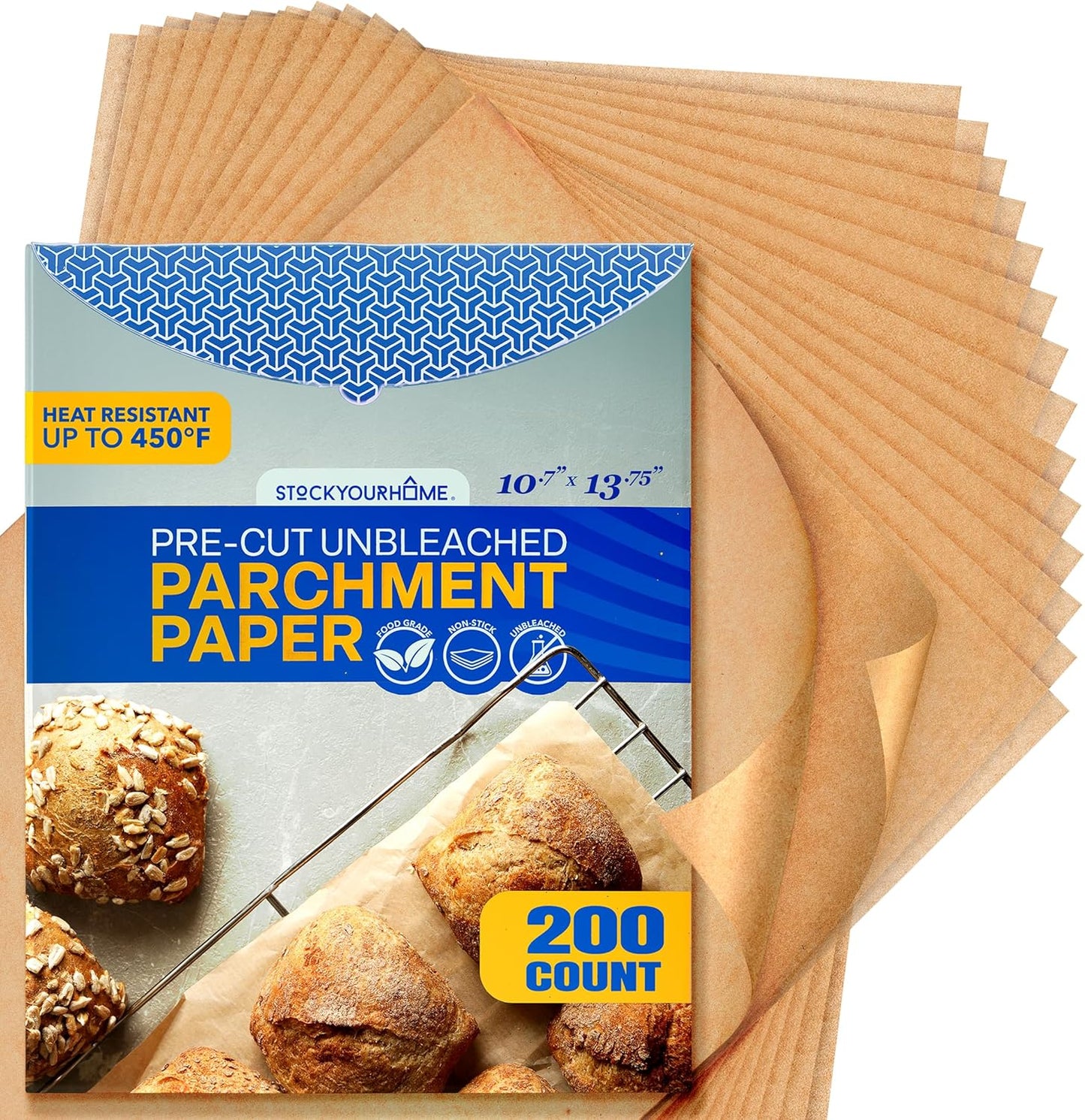Stock Your Home Unbleached Parchment Paper Sheets - 200 Pre-Cut Baking Sheets (10.7”x13.75”)