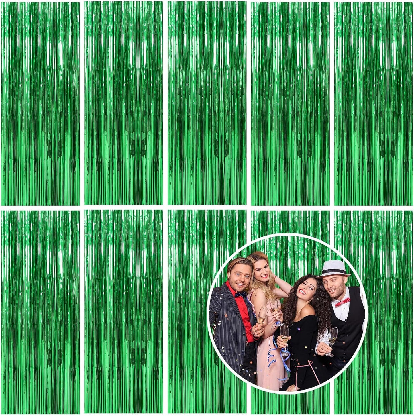 Skiennix Green Metallic Tinsel Foil Fringe Curtains - 10 Pack Photo Booth Props for Parties & Celebrations